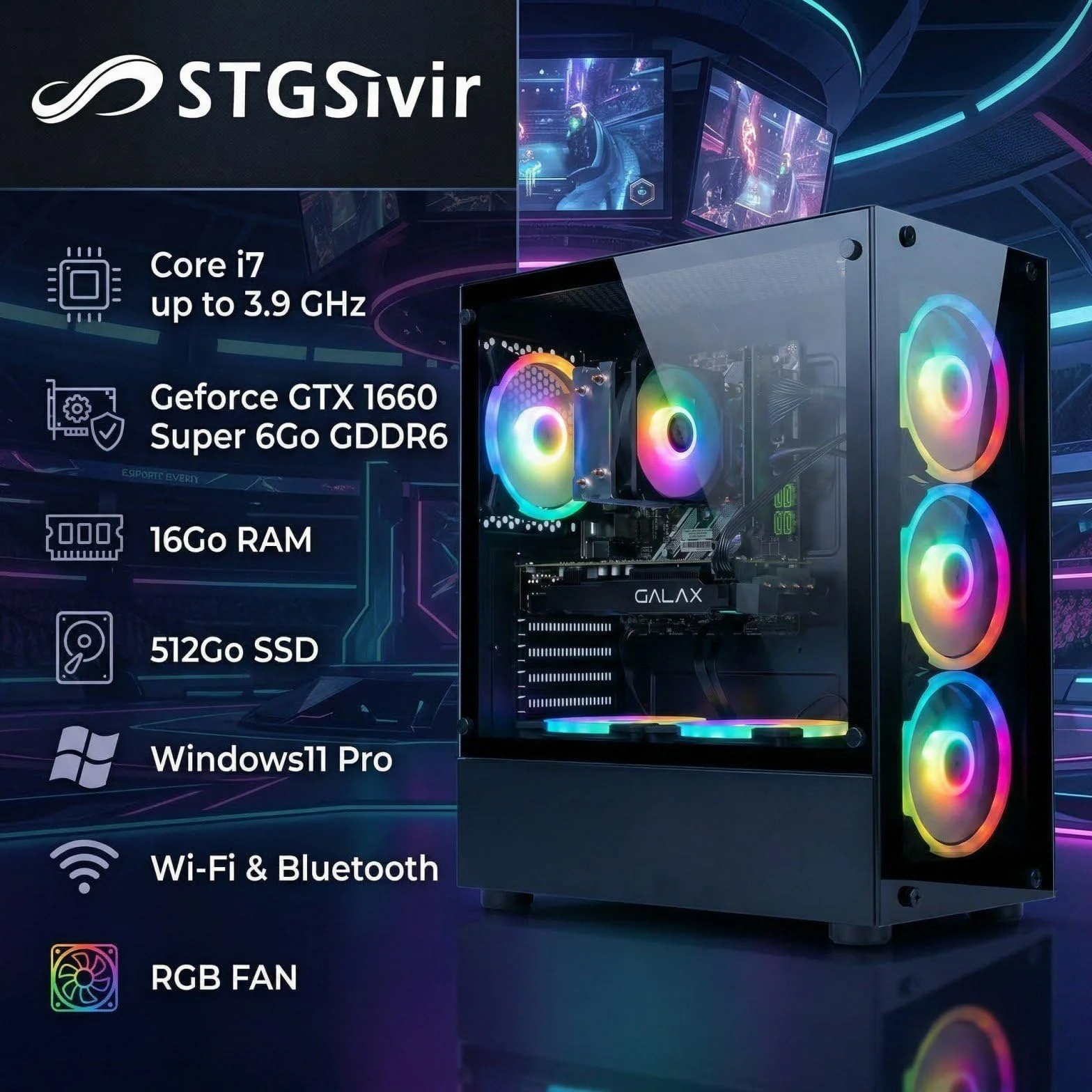 Ordinateur Gaming Core i7 Geforce GTX 1660 Super 6Go GDDR6 16Go RAM 512Go SSD WiFi6 BT 5.0 Windows 11 Pro