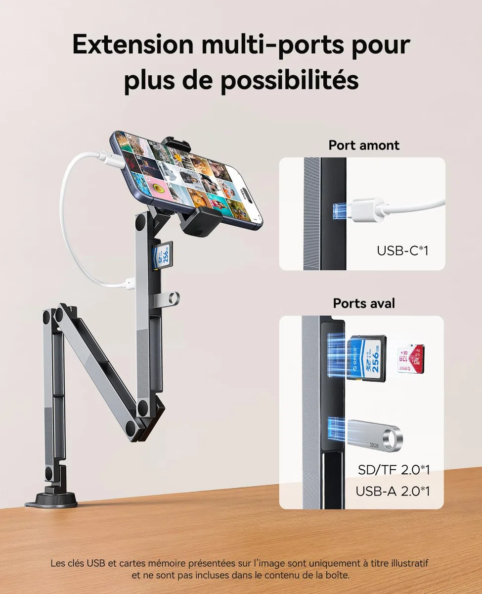 ORICO Support Tablette avec hub USB intégré, Bras réglable en Aluminium pour iPad Pro/Air/Mini, Galaxy Tab et tablettes jusqu'à 12,9", télétravail & création de Contenu – RA1-3P, Gris
