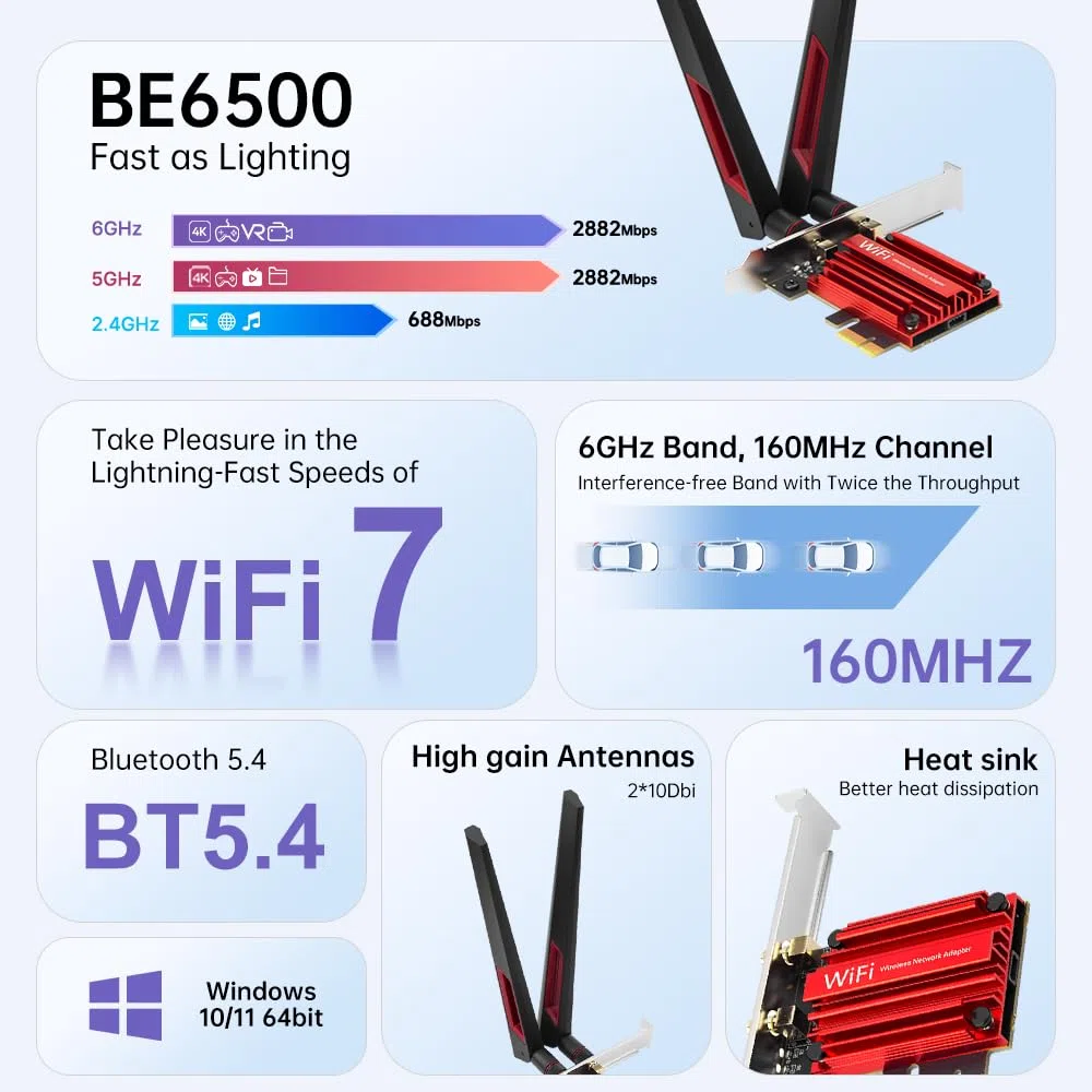 Carte sans fil WiFi 7 PCIe, Tri-Band 802.11be BE5400 MT7925, Bluetooth 5.4, Windows 10/11 WPA3, faible latence haute vitesse pour PC de jeu de bureau