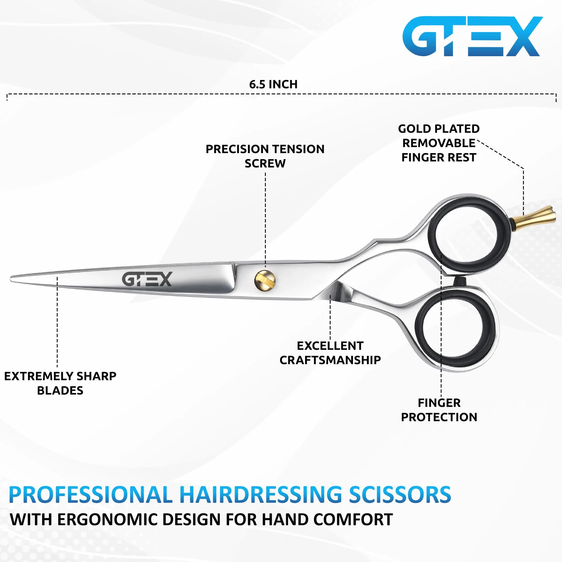 Ciseaux Coiffure Professionnels 6,5 Pouces Acier Inoxydable Haute Teneur en Carbone GTEX