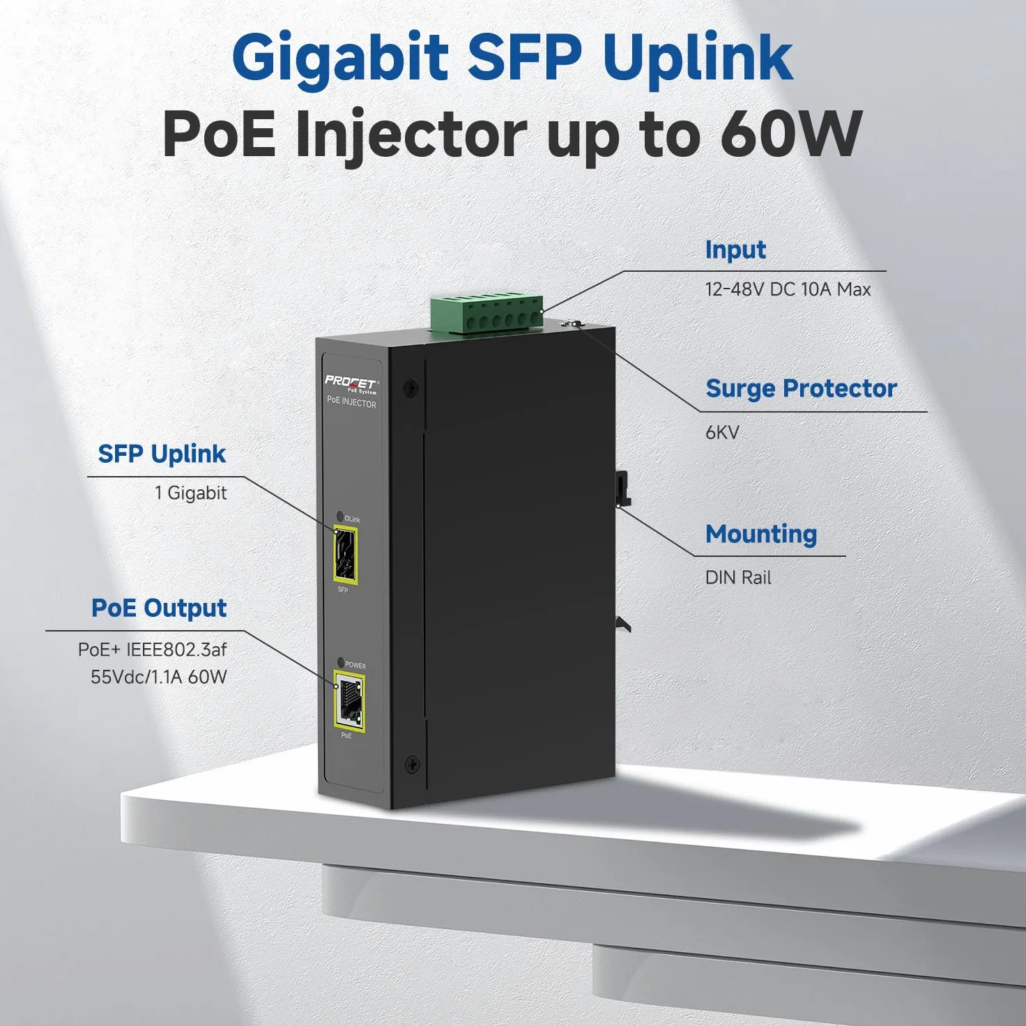 PROCET SFP Fiber PoE Injecteur DIN Rail IEEE802.3bt 60W Industrial Gigabit SFP/Uplink PoE++ Injecteur de puissance pour caméra IP, point d'accès, POS, kiosques