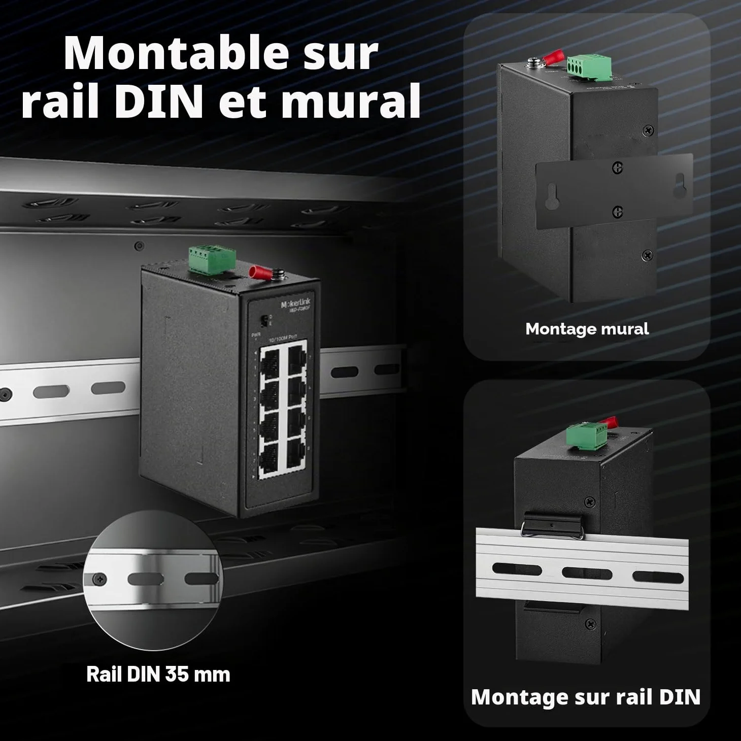 MokerLink Commutateur rail DIN industriel à 8 ports, 8 ports Ethernet 10/100 Mbit/s, portée 250 m, rail DIN en métal et support mural inclus