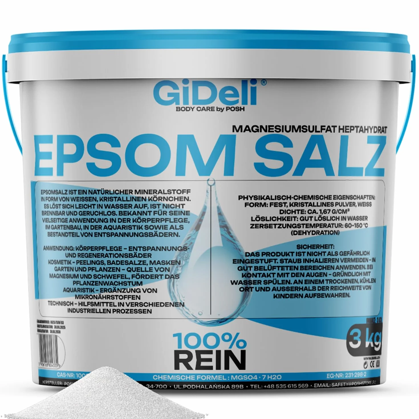GiDeli Epsom Sel de bain sulfate de magnésium 3 kg qualité pharmaceutique seau pur naturel
