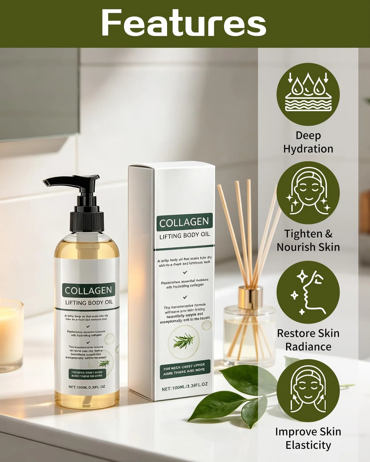Huile Corporelle Liftante au Collagène Lot de 2 100ml Anti Cellulite Anti-vergetures Raffermissant
