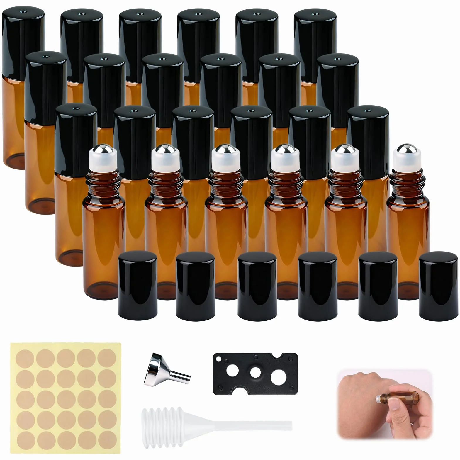 Bouteilles en verre marron 5 ml avec rouleaux et compte-gouttes, lot de 24 pour huiles essentielles