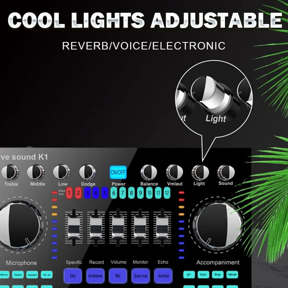 K1 Live Sound Card Portable Bluetooth Sound Card Profession RéGlable Volume Audio pour L'Enregistrement de Musique