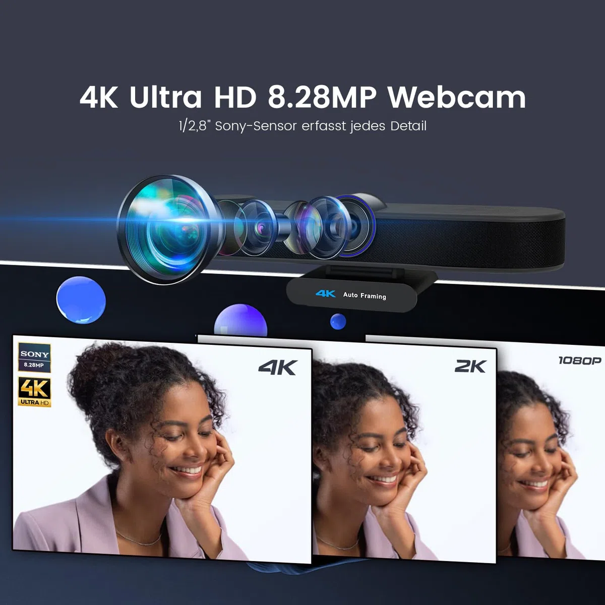 TONGVEO KI Webcam 4K à suivi automatique avec microphones et haut-parleurs, zoom numérique 5x, caméra Web ePTZ avec télécommande et deux microphones, webcam de conférence pour zoom, Skype, OBS