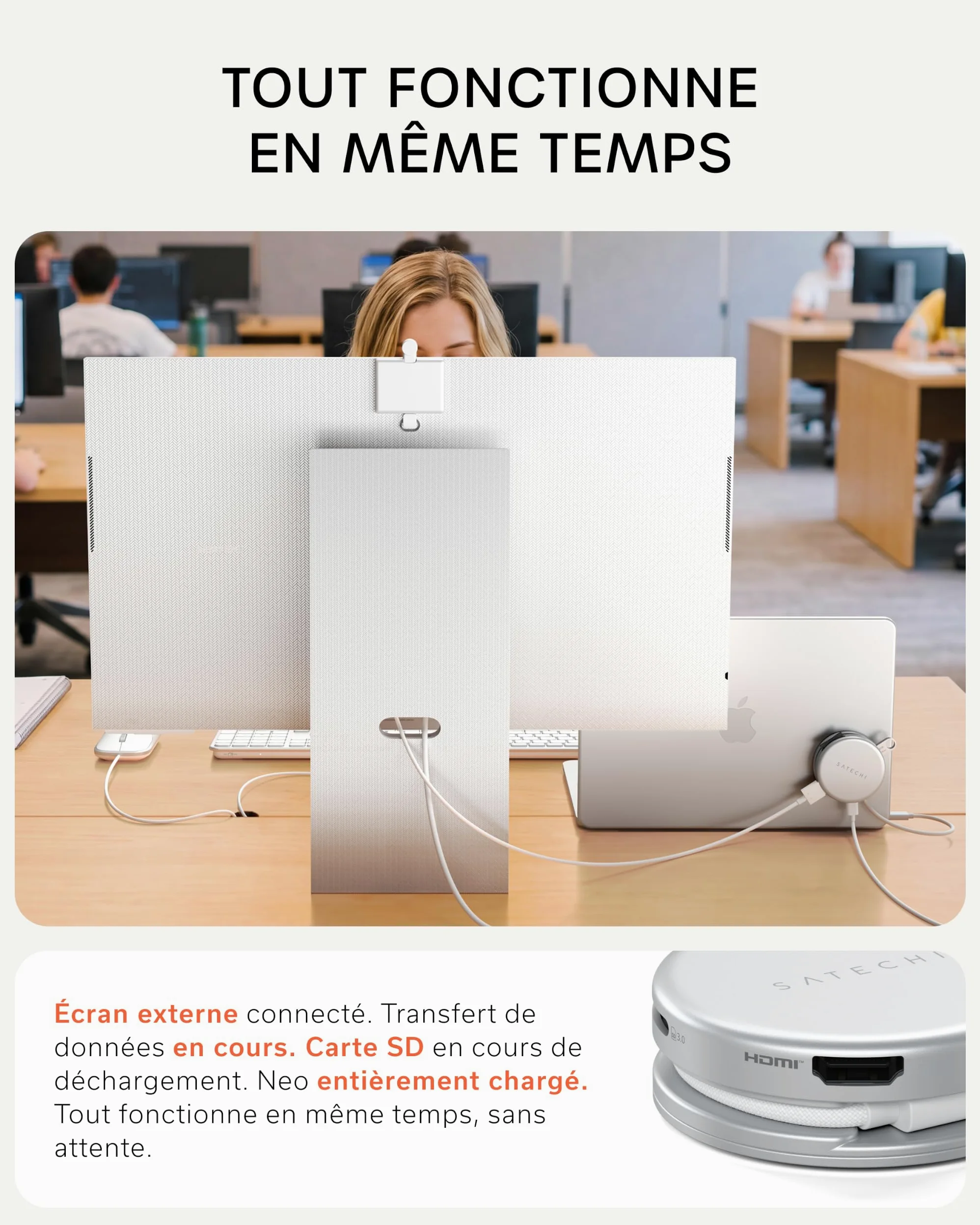 SATECHI OntheGo Hub USB C Magnétique 5 en 1, PD 60W, HDMI 4K, Argent | Câble enroulable intégré, fixation magnétique, 4K@60Hz, lecteur SD, USB-C/USB-A 5Gbps, pour MacBook, iPad, Windows et plus