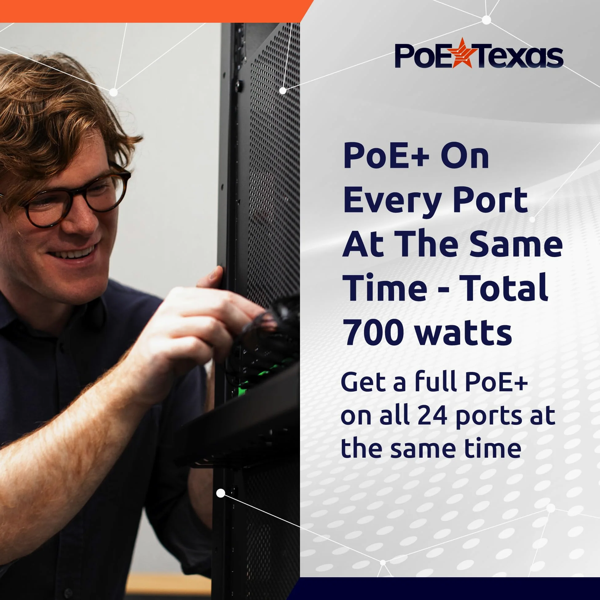 PoE Texas Injecteur PoE+ IEEE 802.3at à 24 ports - Obtenez un PoE+ complet sur chaque port - Puissance totale de 700 W - Taux de données 10/100/1000 Gigabit - Injecteur PoE+ actif pour points d'accès