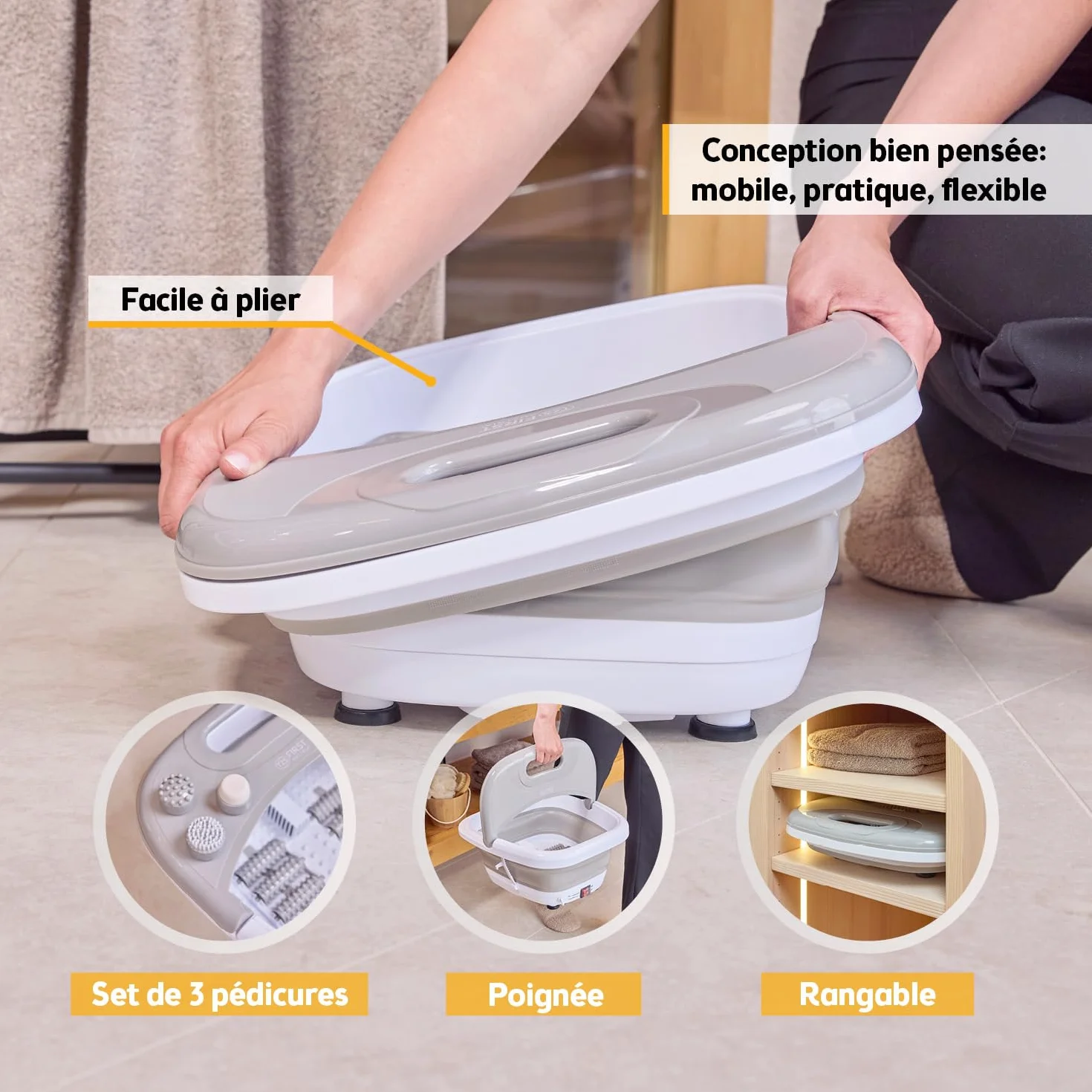 TZS First Austria Bain de Pieds 500W - Appareil de Massage des Pieds avec 3 Accessoires & 8 Rouleaux - Massage par Vibrations & Bulles, Infrarouge & Chauffante - Pliable jusqu'au 47 - Gris