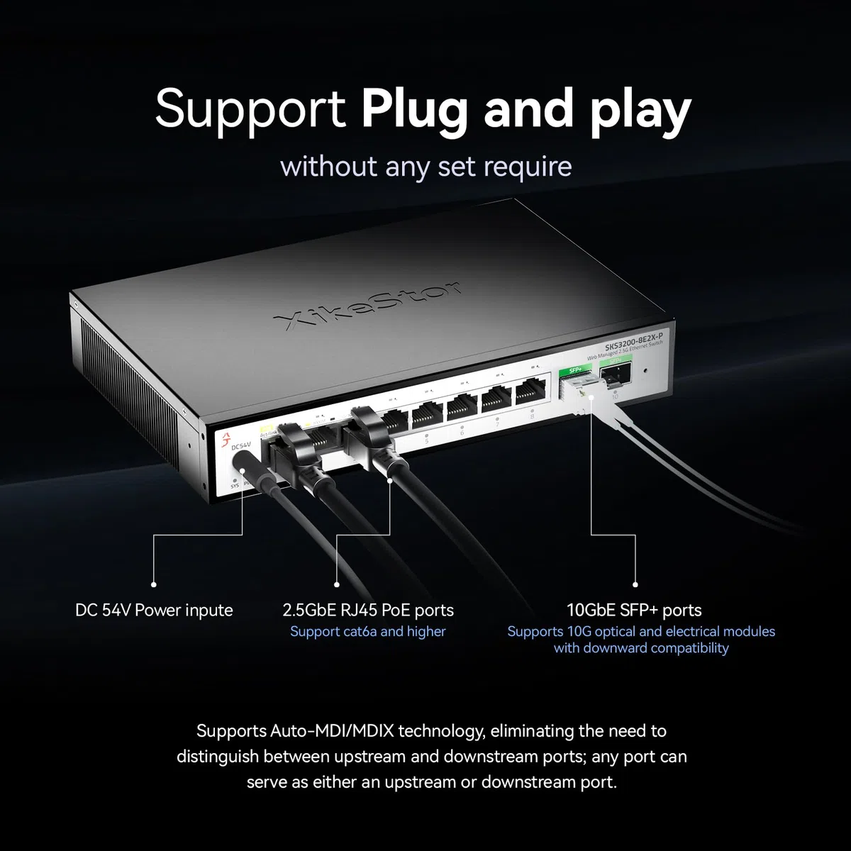 Commutateur PoE+ 10G 8 ports 2,5 G 2 x 10G SFP+ Uplink, L2+ Managed, SKS3200-8E2X-P VLAN/LACP, contrôle par application, pour caméras de surveillance et points d'accès