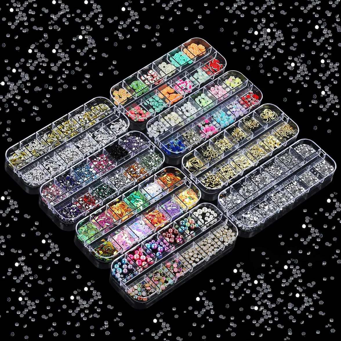 Kit de Strass pour Ongles 8 Boîtes Décorations 3D Cristaux Diamants Paillettes avec Pince à Épiler