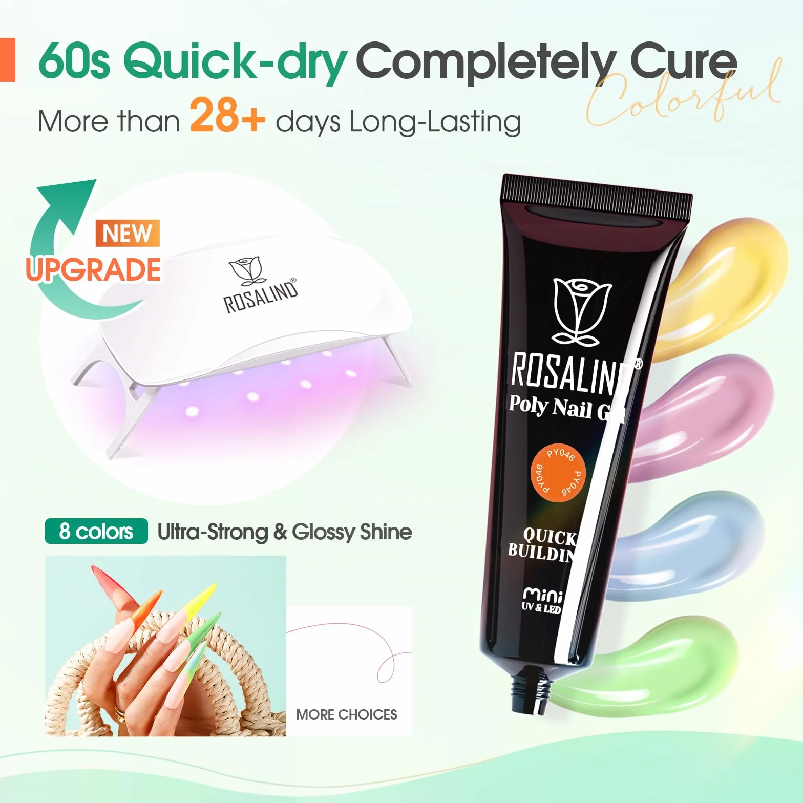 ROSALIND Kit UV Acrygel pour Ongle Complet 8 Couleurs 10 ml Lampe UV Base Top Coat Manucure DIY Nail Art