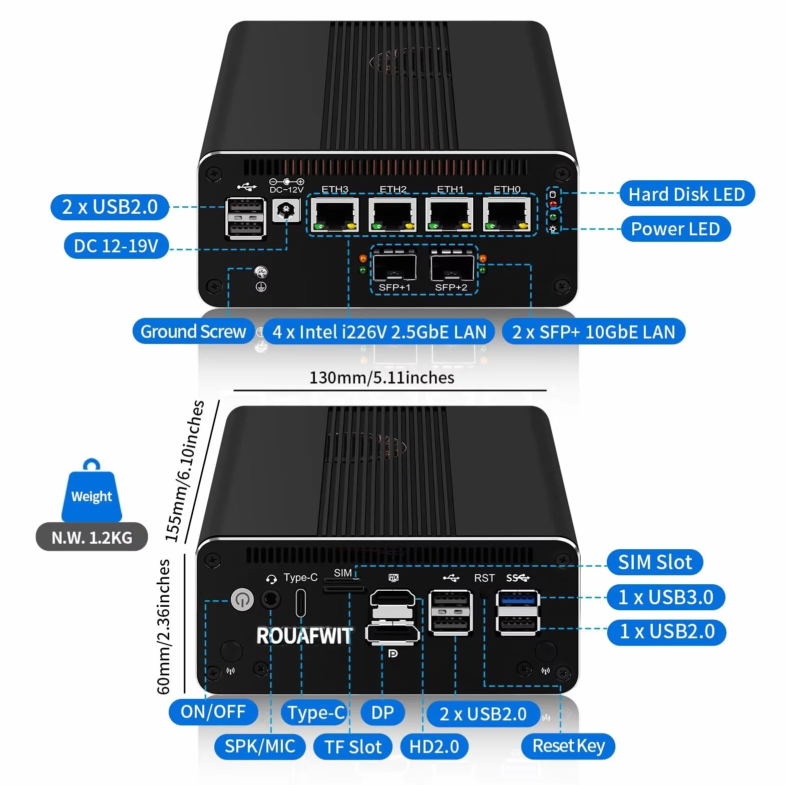 Firewall Mini PC Dual 10Gbe N150(Upgard N100) Firewall Hardware, 2 x 82599ES SFP+ 10Gbps, 4 x 2.5Gbe i226-V LAN with Filter Connector, DDR5 8G RAM 128G NVME SSD, AES-NI, SIM, TF, 3 Display