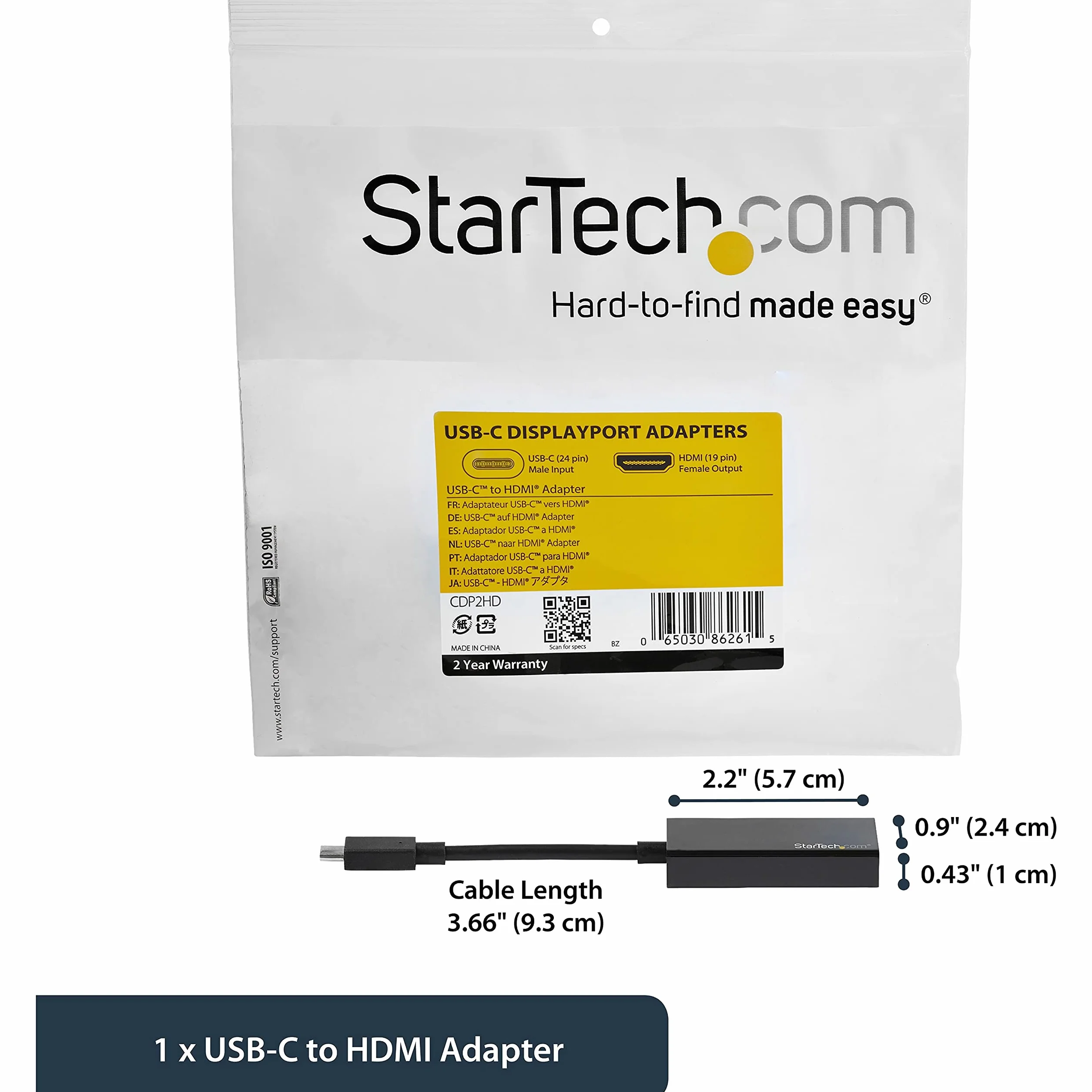 StarTech.com Convertisseur Vidéo USB-C vers HDMI 4K 30Hz Compatible Thunderbolt 3 USB 3.1 Type-C Noir