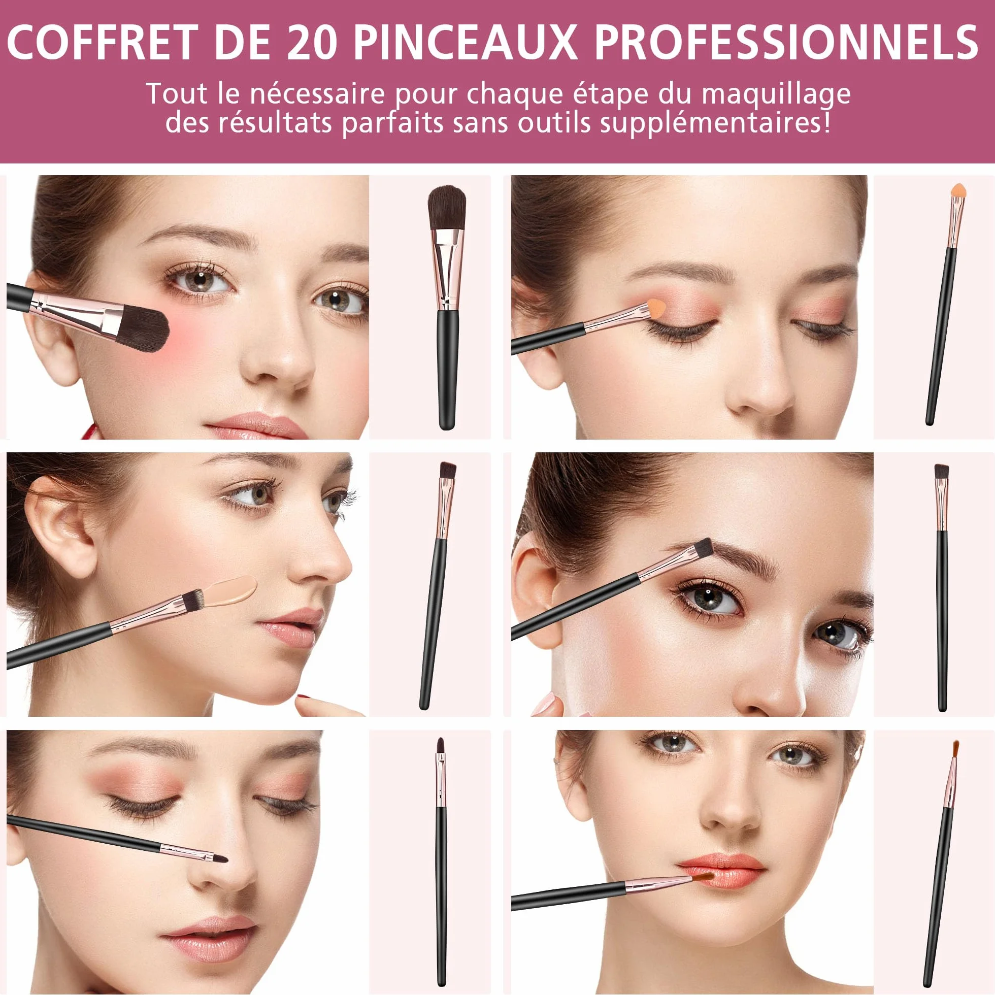 Kit Pinceaux Maquillage 20 Pièces Professionnels Fond de Teint Fard à Paupières