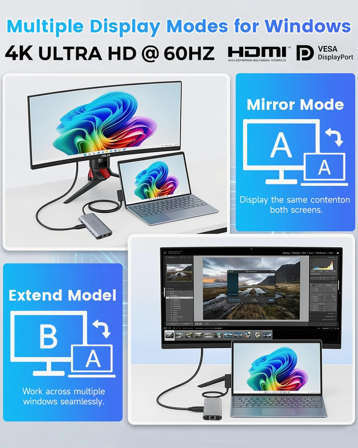 10-en-1 MS Surrface Dock 2-Station d'accueil Surrface,HDMI 4K@60Hz | Ethernet Gigabit,3xUSB 3.0,2xUSB-C 3.0,1xUSB-C PD,SD/TF,pour MS Surface Pro 11/10/9/8/X/7/6/5,Surface Laptop, Book