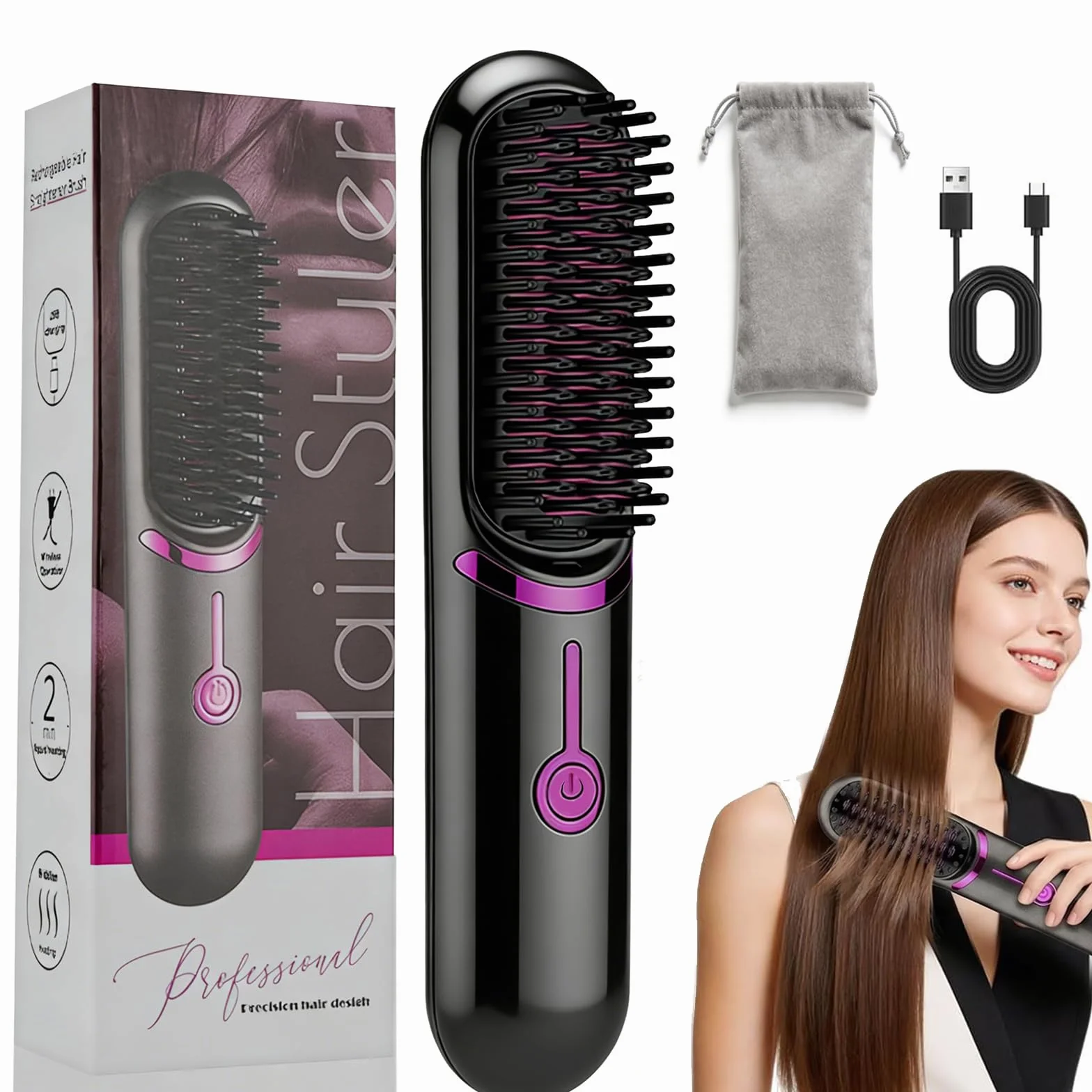 Brosse Lissante Cheveux Ionique Portable Sans Fil Fer à Lisser Défrisage Peigne Charge USB 2 en 1 Noir