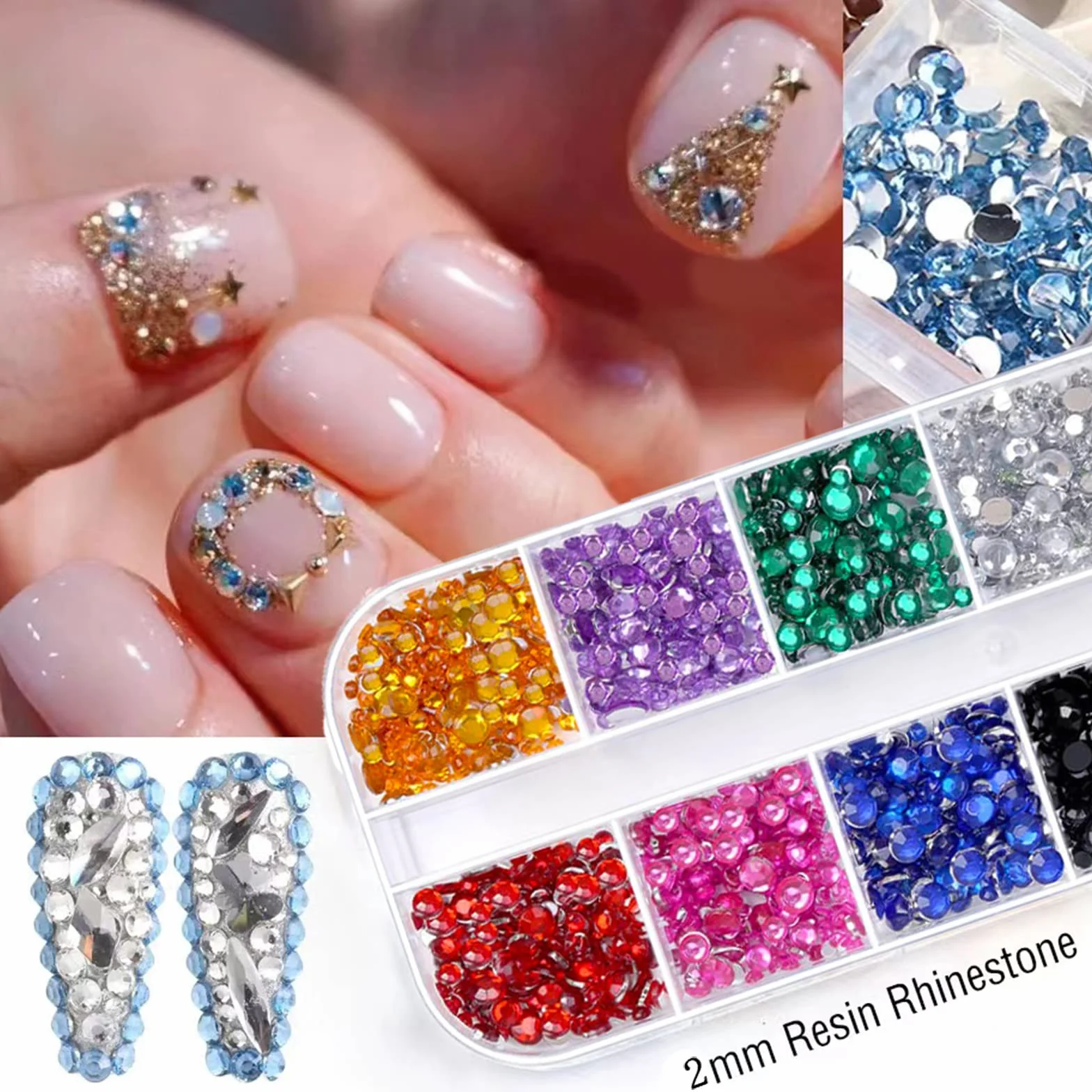 Strass art d'ongle 2500 pièces 2mm cristal rond à dos plat avec pincette pour nail art décoration ongles et bijoux