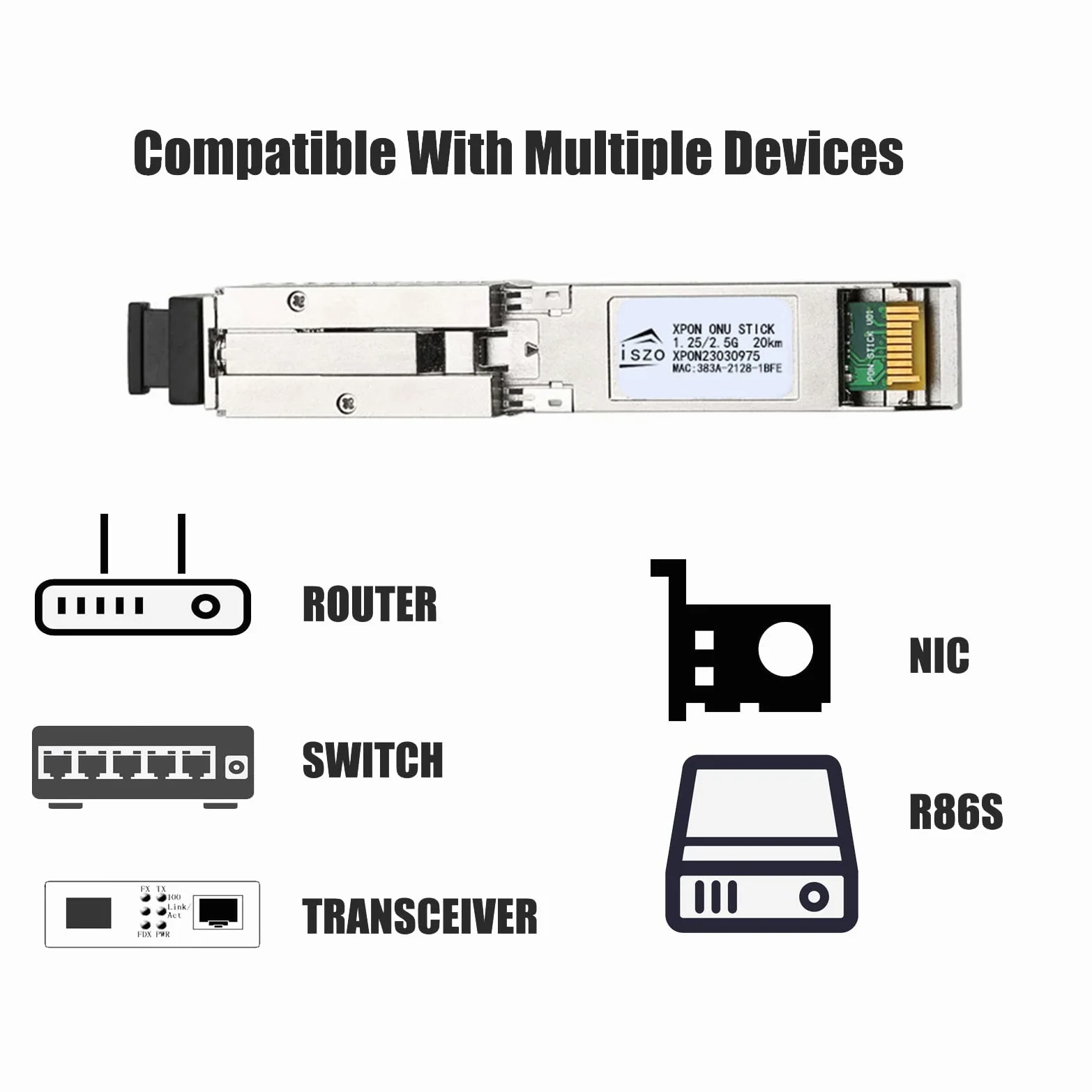 iszo 1,25 G/2,5 G XPON/GPON/EPON ONU, SFP Stick ONU, prend en charge la modification MAC SN LOID, port SFP, pour commutateur réseau/routeur/convertisseur de média