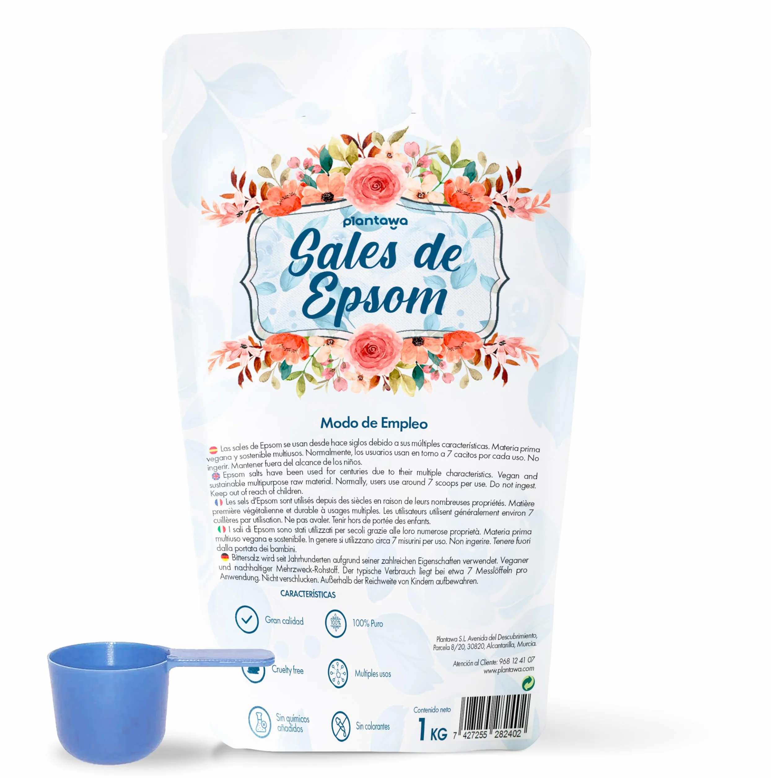 PLANTAWA Sel d'Epsom 1kg | Sulfate de Magnésium Pur, Bain Relaxant et Moussant, Bien-être et Sommeil Réparateur