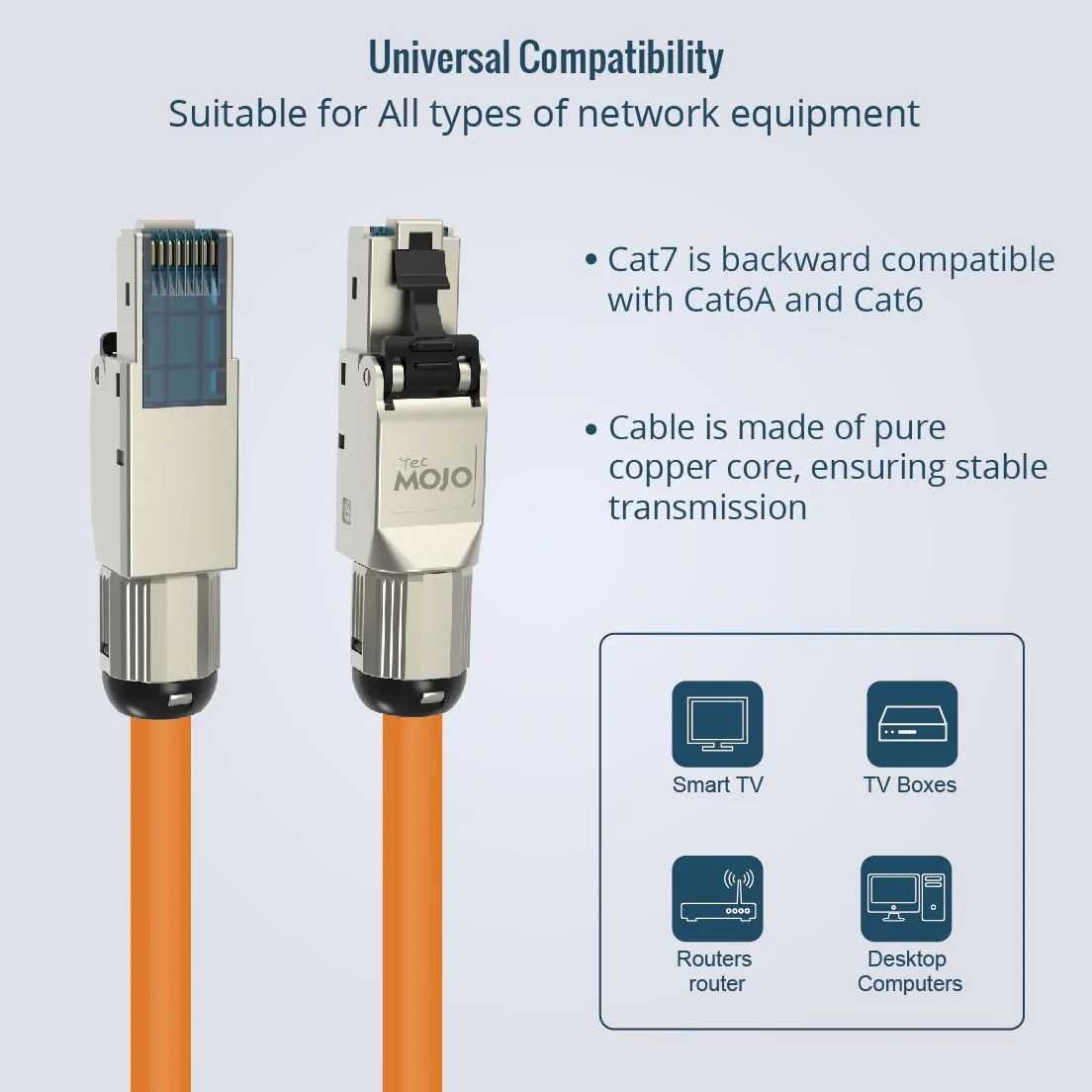 Tecmojo Câble réseau Ethernet LAN CAT7 S/FTP 50 m 10 Gigabit PiMF conducteur en cuivre pur 23 AWG avec blindage tressé AL-MG LSZH B2ca Orange avec outil de coupe et dénudage de câbles et connecteurs