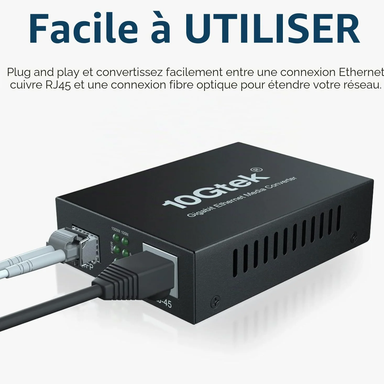 Convertisseur de média Gigabit Ethernet, convertisseur Fibre Optique monomode Double LC vers Ethernet RJ45 pour 10/100/1000Base-Tx vers 1000Base-LX, certifié UL, 1310 nm, jusqu'à 20 km