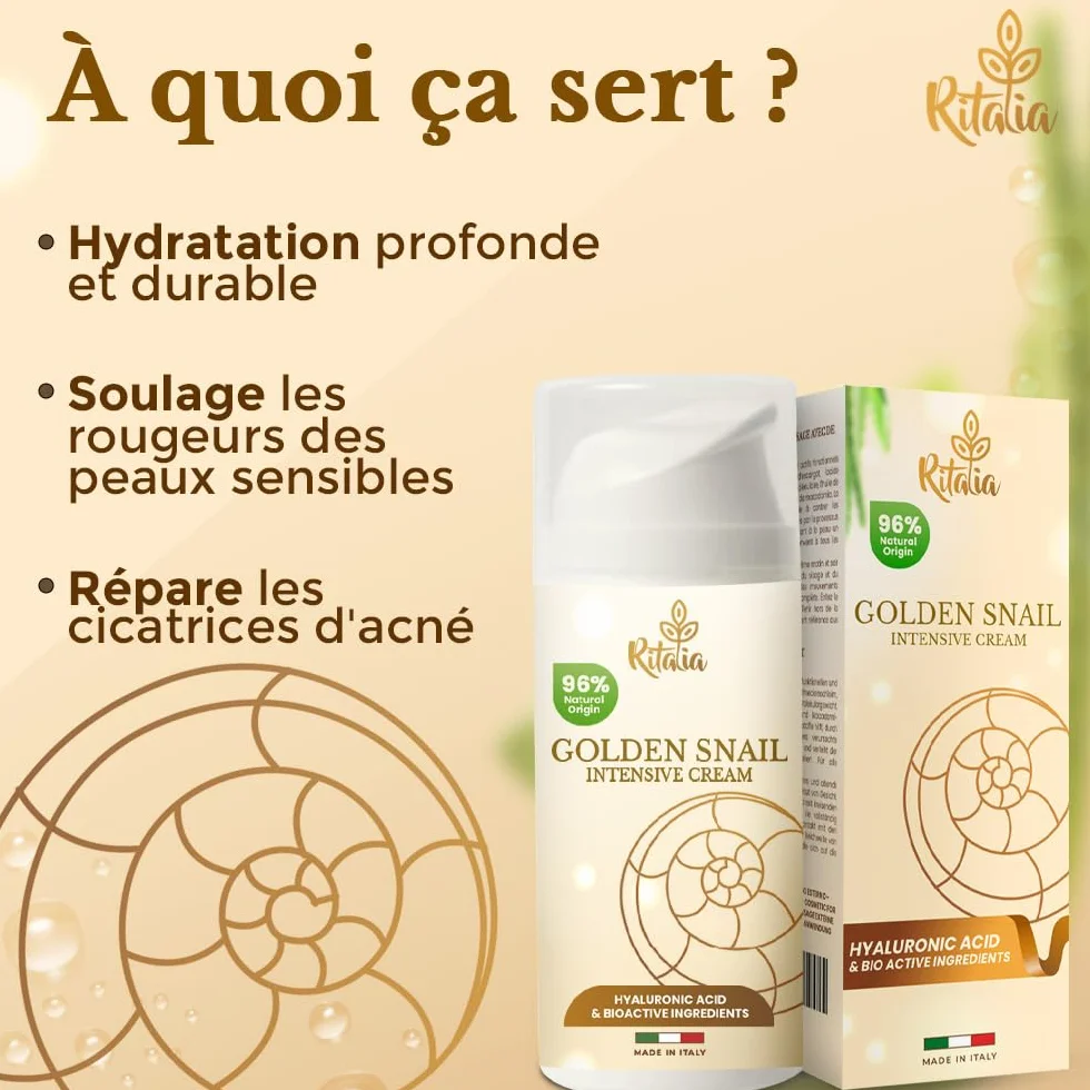 Crème visage Ritalia à la bave d'escargot 75% acide hyaluronique pur anti-rides hydratante 100 ml bio