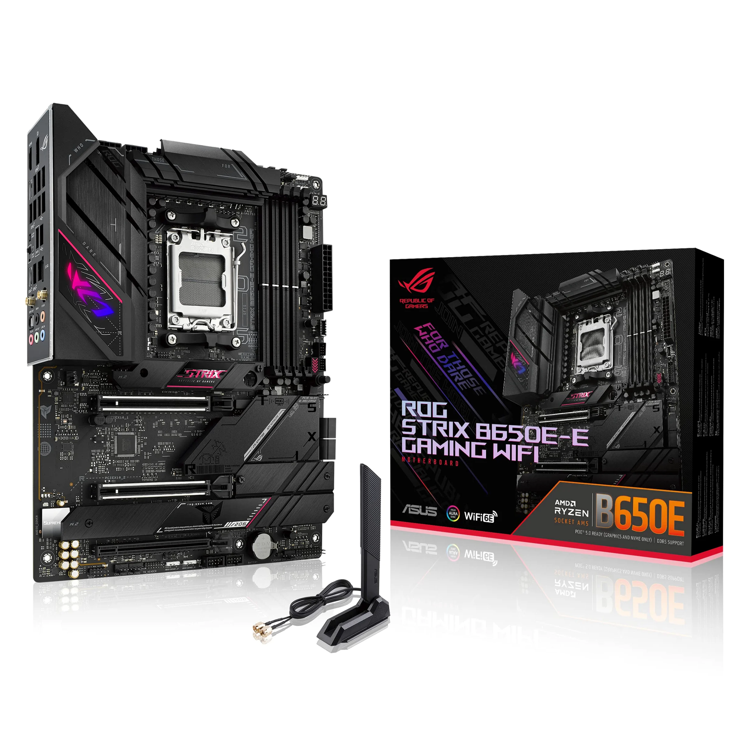 ASUS ROG STRIX B650E-E GAMING WIFI – Carte mère gaming AMD Ryzen AM5 ATX (16+2 phases d'alimentation, DDR5, 4 x M.2, PCIe 5.0, WiFi 6E, 2.5G LAN, USB 3.2 Gen 2x2 Type-C rear I/O port, Aura Sync RGB)