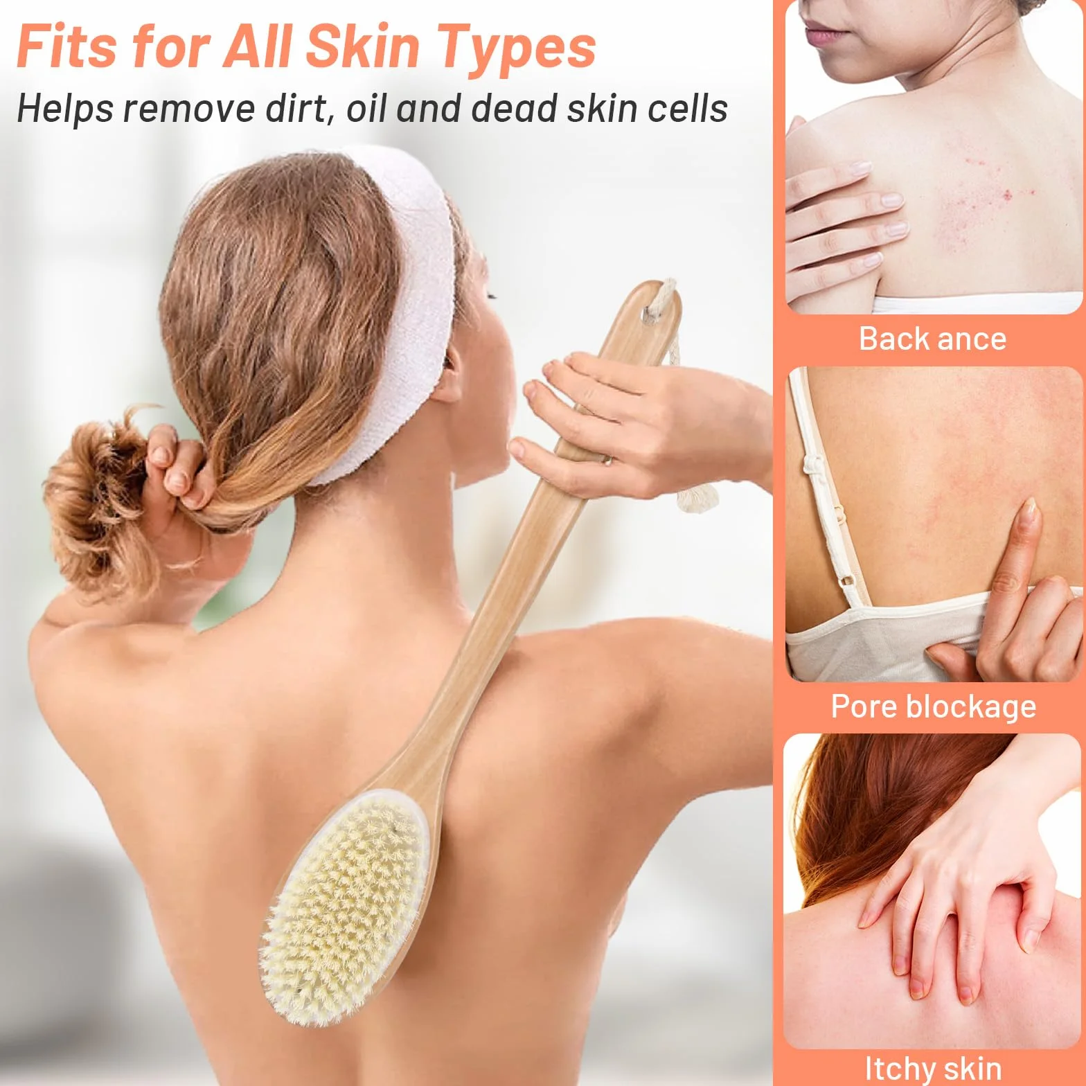 Alyvisun Brosse Dos Douche en Bois avec Manche Long, Brosse Exfoliante Corps Double Face Poils Rigides et Doux