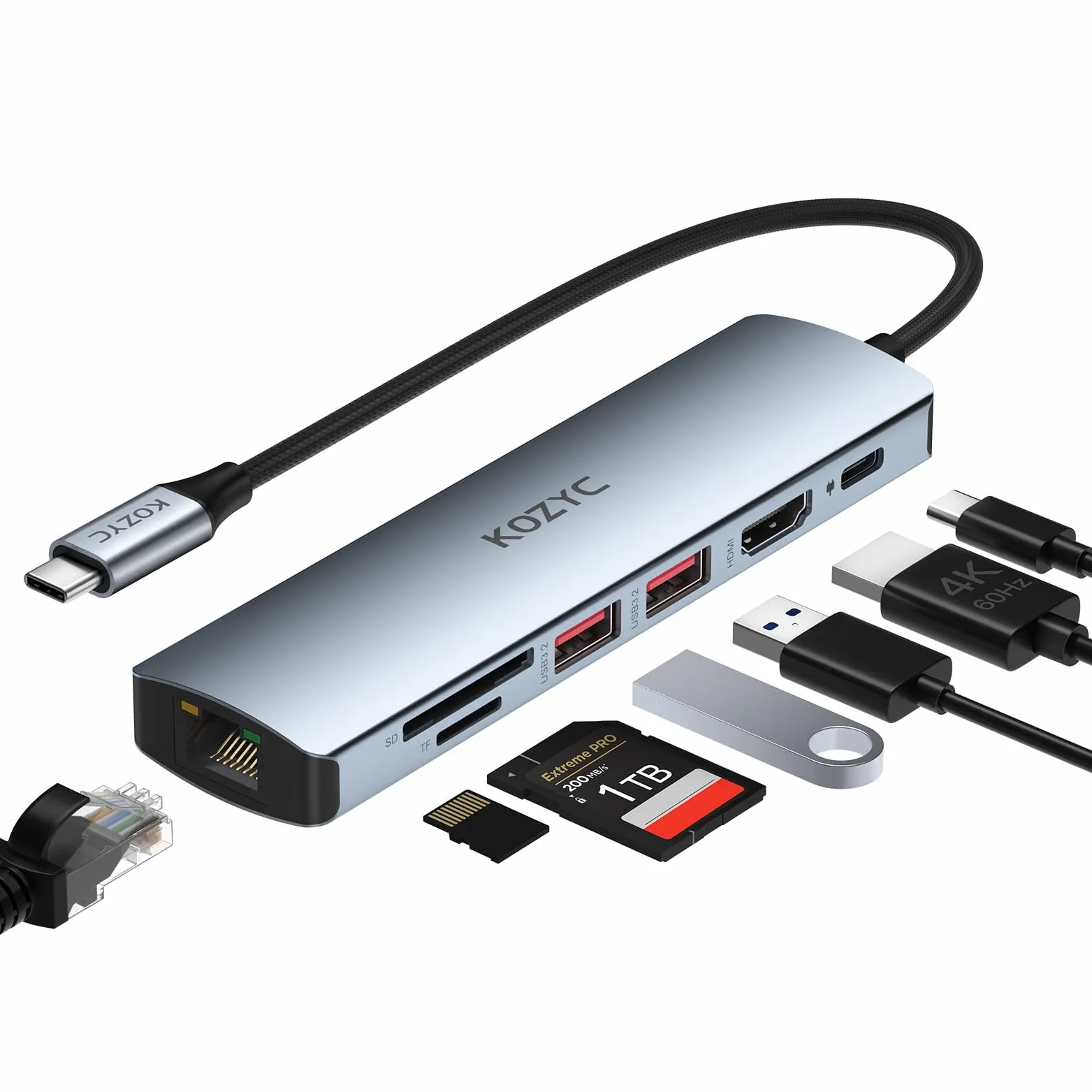 USB C Hub Ethernet Multiport Adapter, KOZYC 7-in-1 USB C Hub avec HDMI 4K@60Hz, 1Gbps Ethernet, 100W PD, 2 USB 3.2 10Gbps, SD/TF Card Slots Port, pour MacBook Air/Pro, XPS13/15, Dell