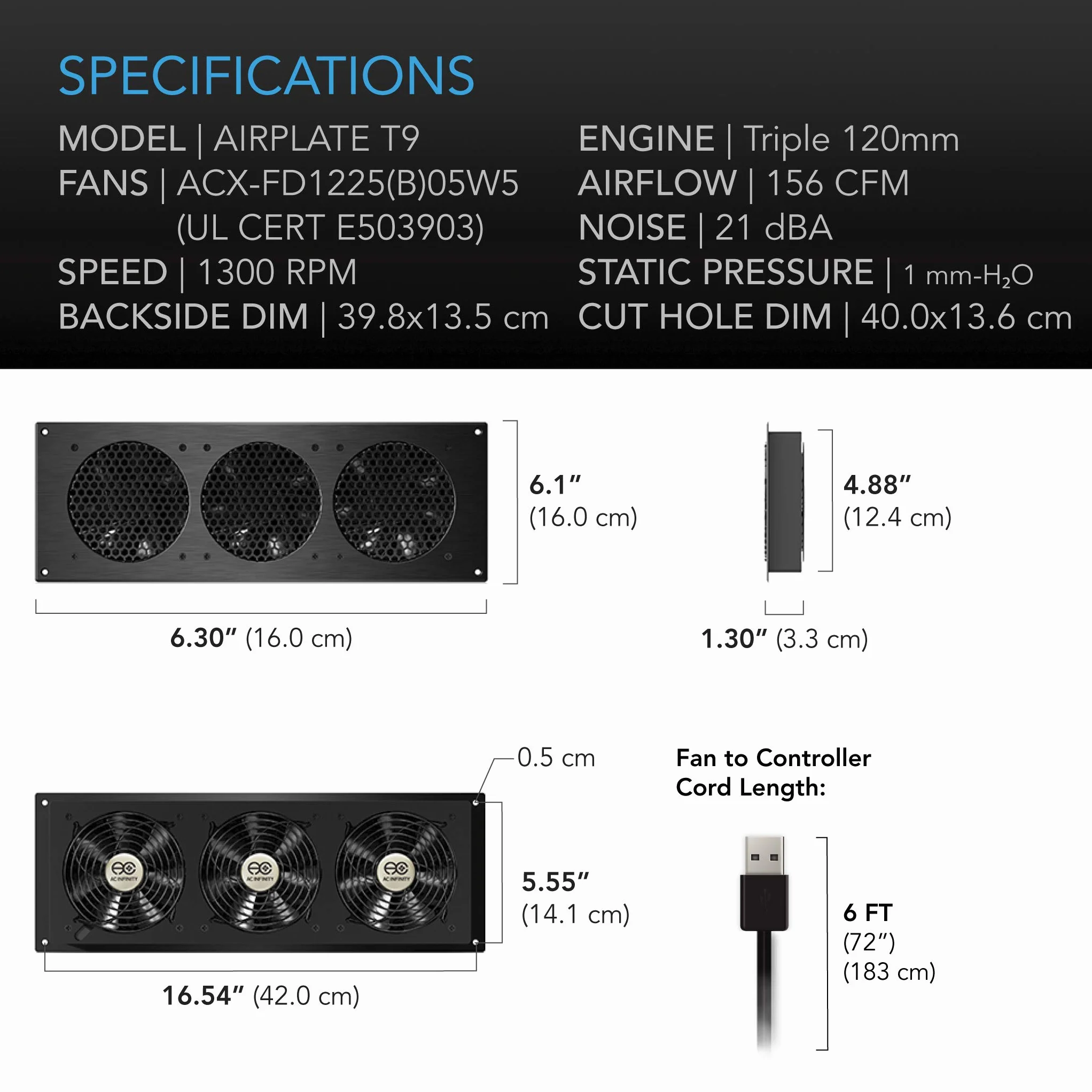 AC Infinity AIRPLATE T9 Système de ventilateur silencieux de 45 cm avec thermostat pour armoires AV Home Cinéma 45 cm