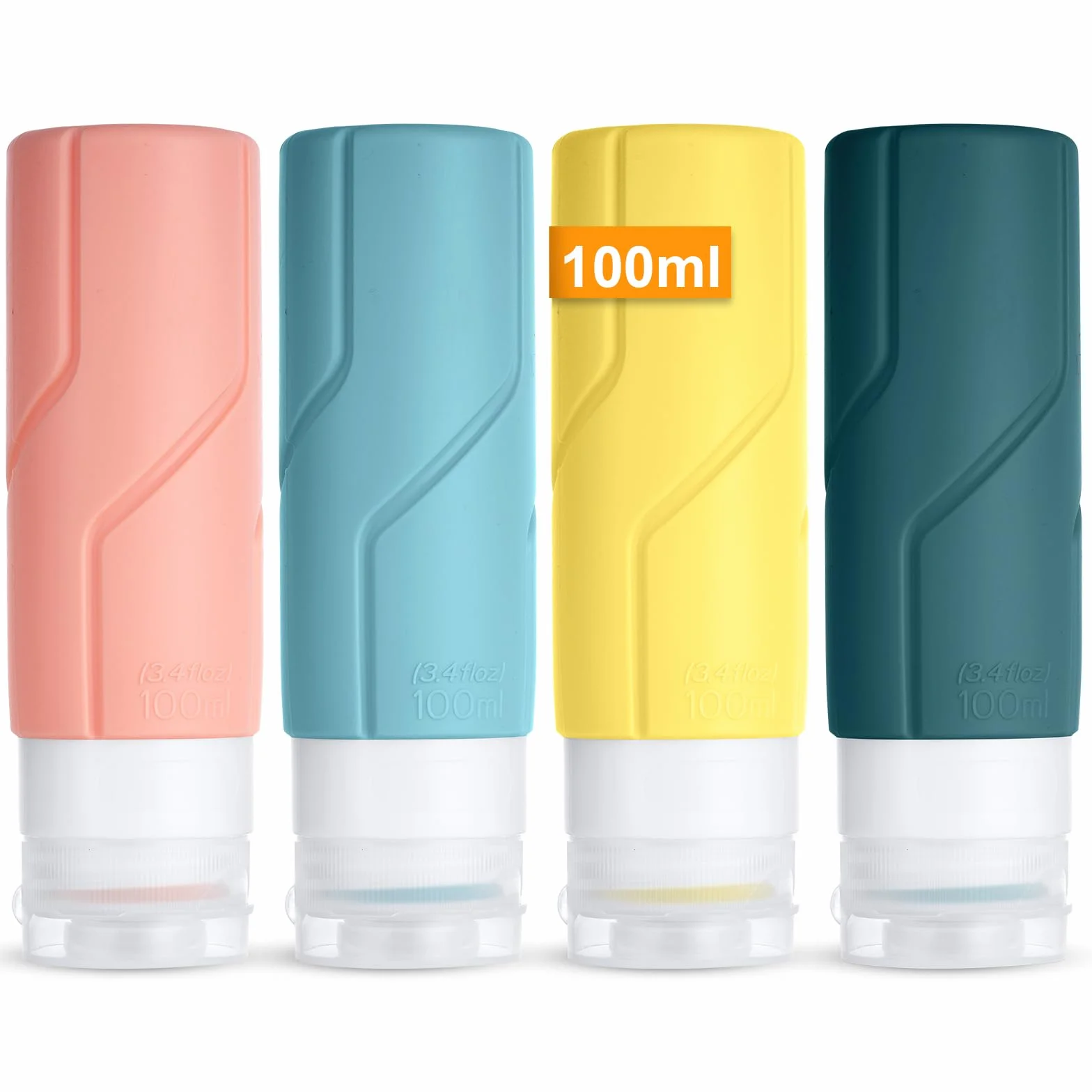 Flacons de Voyage Avion 4PCS 100ml Silicone Étanches Kit Toilette Vide pour Shampooing Lotion Gel Douche