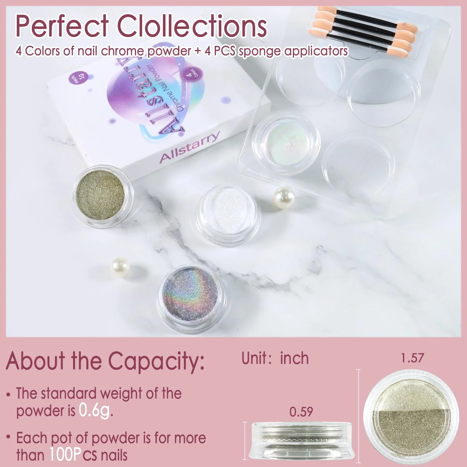 Allstarry Chrome Ongle 4 Couleurs Poudre Or Argent Holographique Aurora Miroir Métallique Paillettes Nail Art