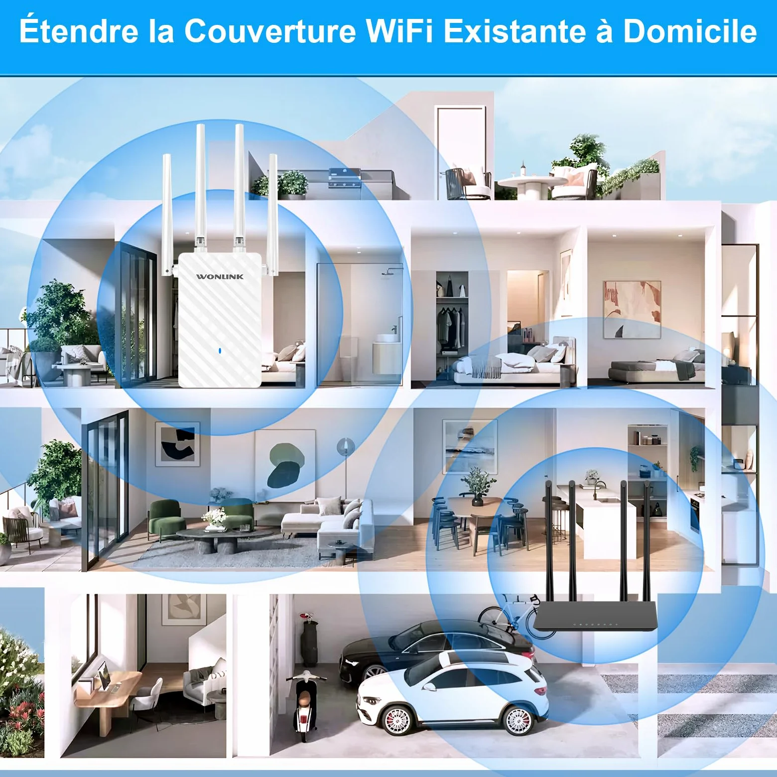 Répéteur WiFi Puissant AC1200, Repeteur WiFi Double Bande 5GHz et 2,4GHz 1200Mbps Amplificateur WiFi avec Port Ethernet, 4 Antennes, WPS, Compatible avec Toutes Les Box Internet