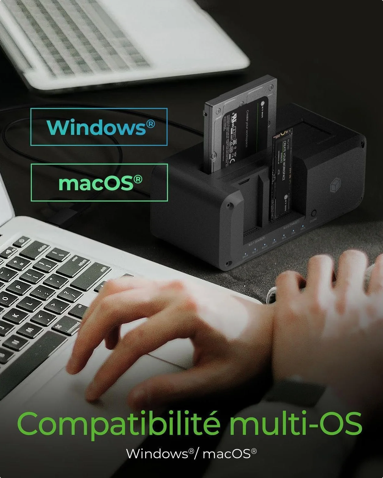 ICY BOX Station d'accueil M.2 NVMe SATA USB 3.2 10 Gbit/s clonage bidirectionnel