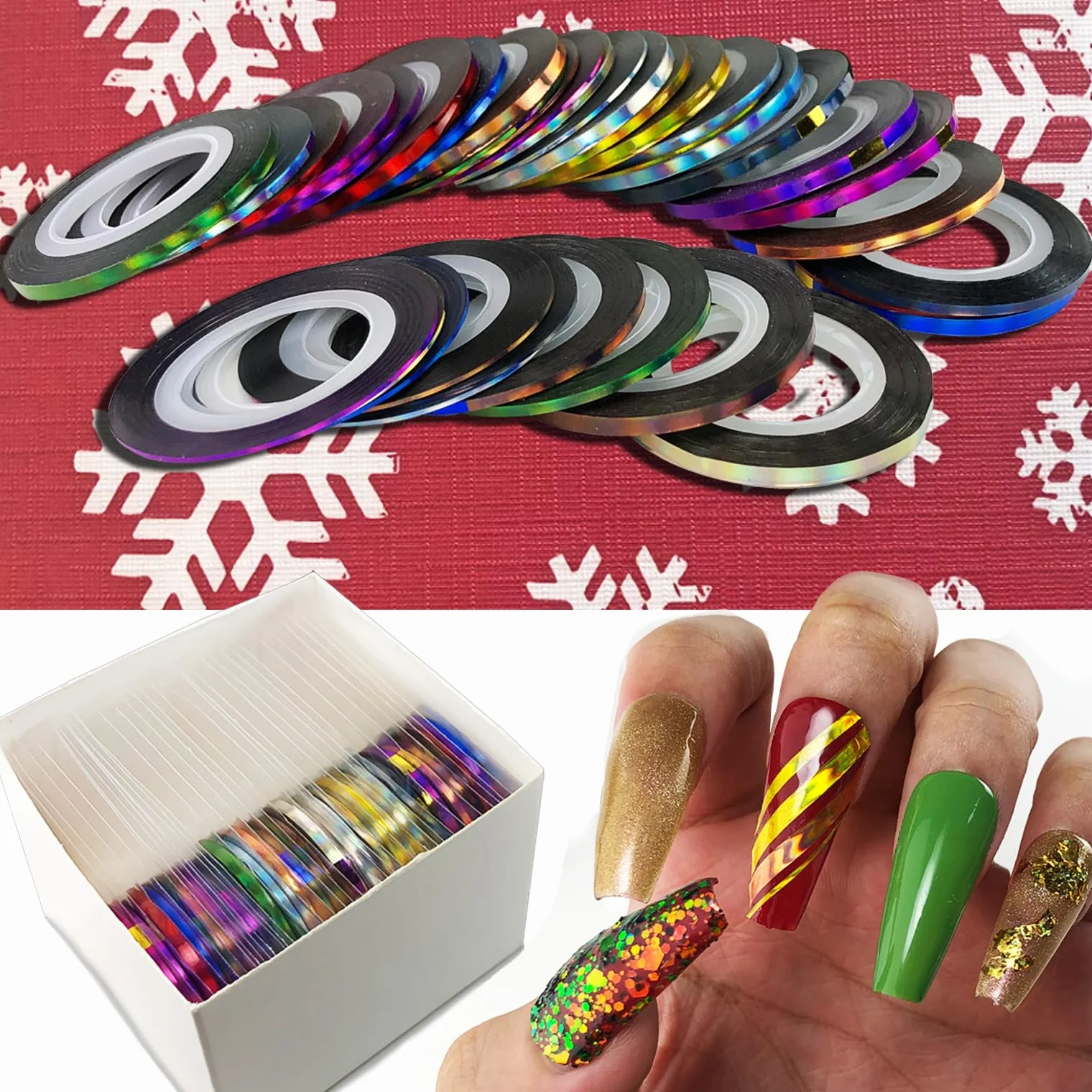 Nail Art Striping Tape Lines Kit 36 pcs 1mm 2mm 3mm Silver Holographic Chrome Nail Tape Strips for Design DIY