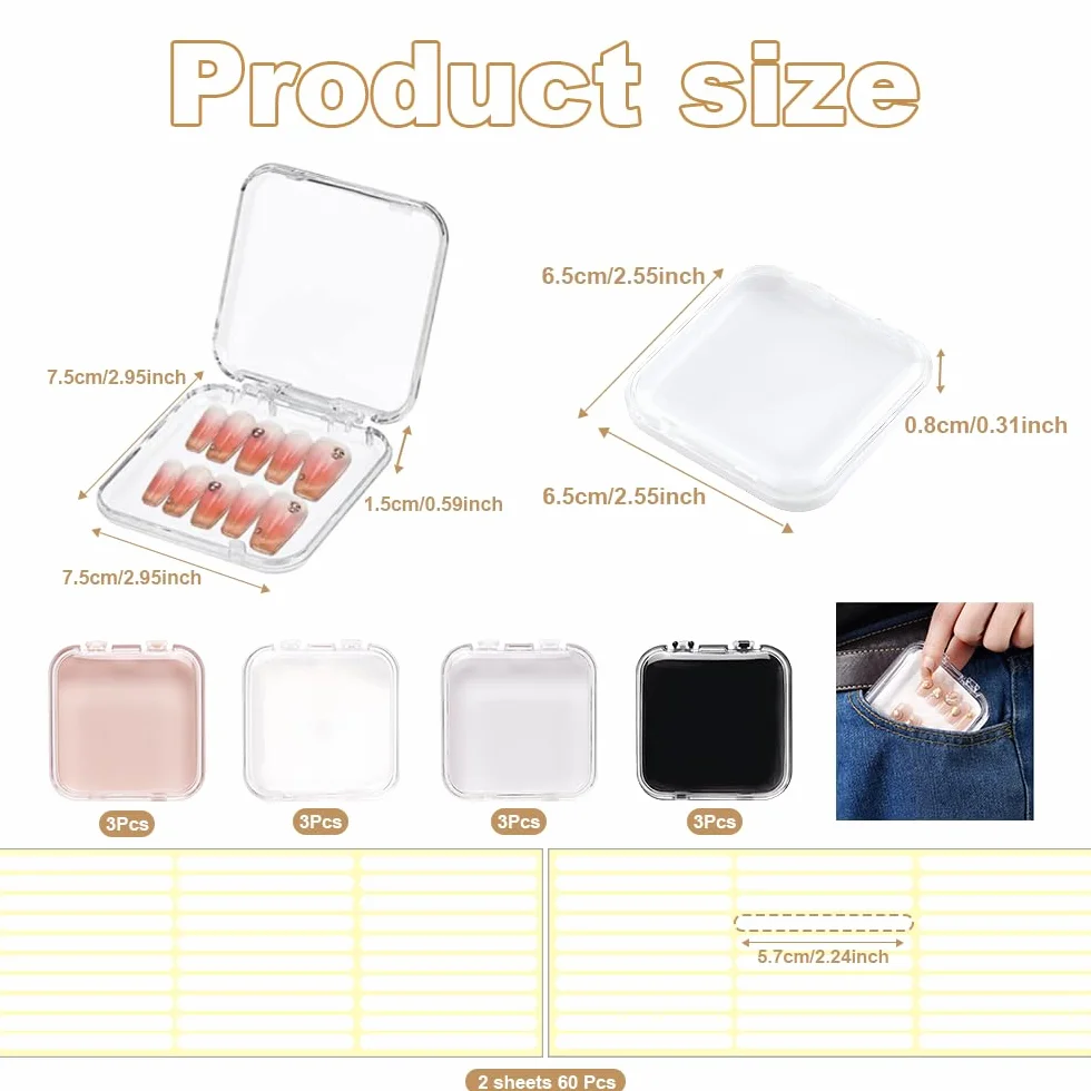 Boîtes de Rangement pour Ongles 12 Pièces 6.5 x 6.5 x 0.8CM Présentoir Press on Nails avec Ruban Adhésif Double Face
