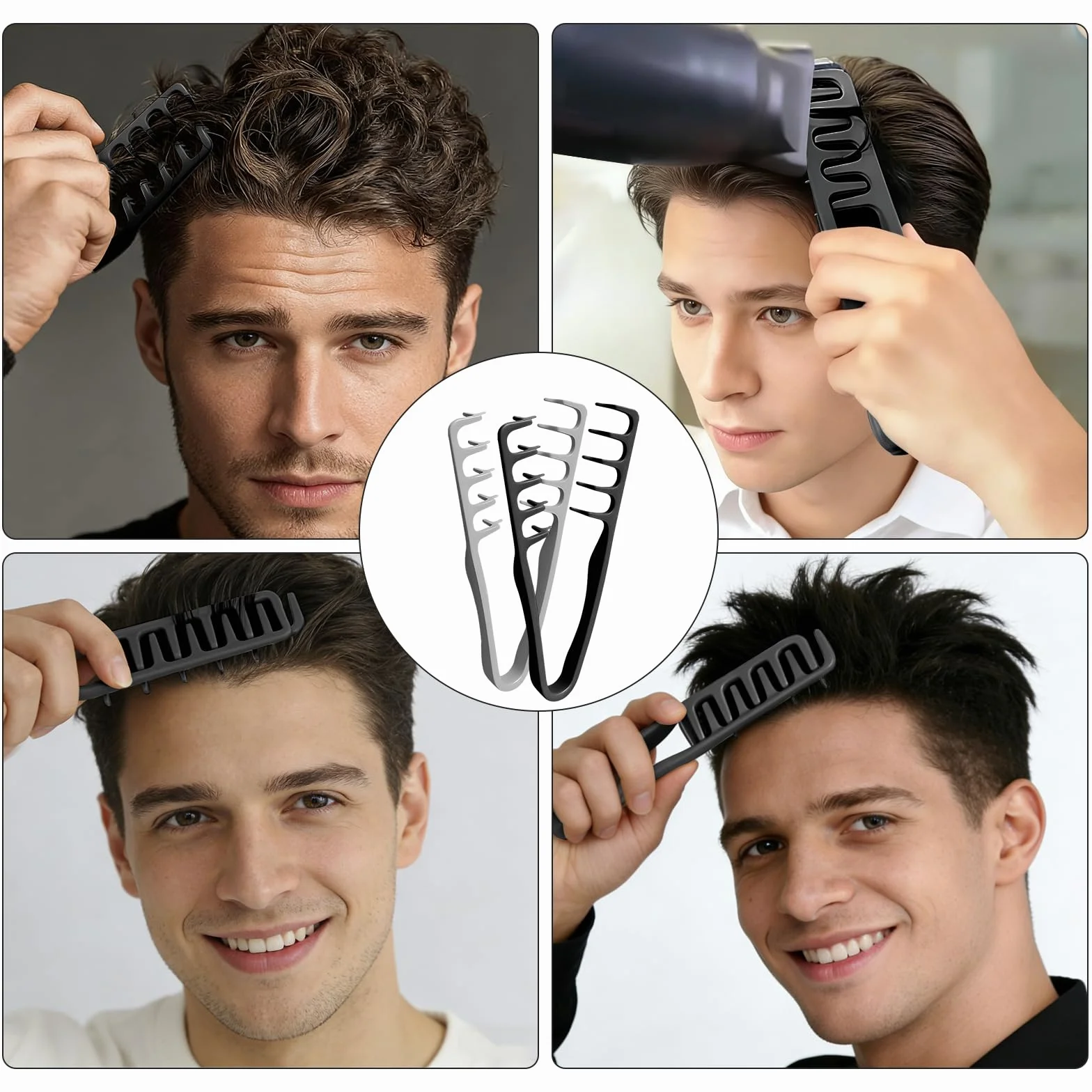 Peigne Cheveux Texture Pliable 2 Pièces, Brosse Cheveux Bouclés Grosse Dent Large Coiffage Volumineux Gris Noir