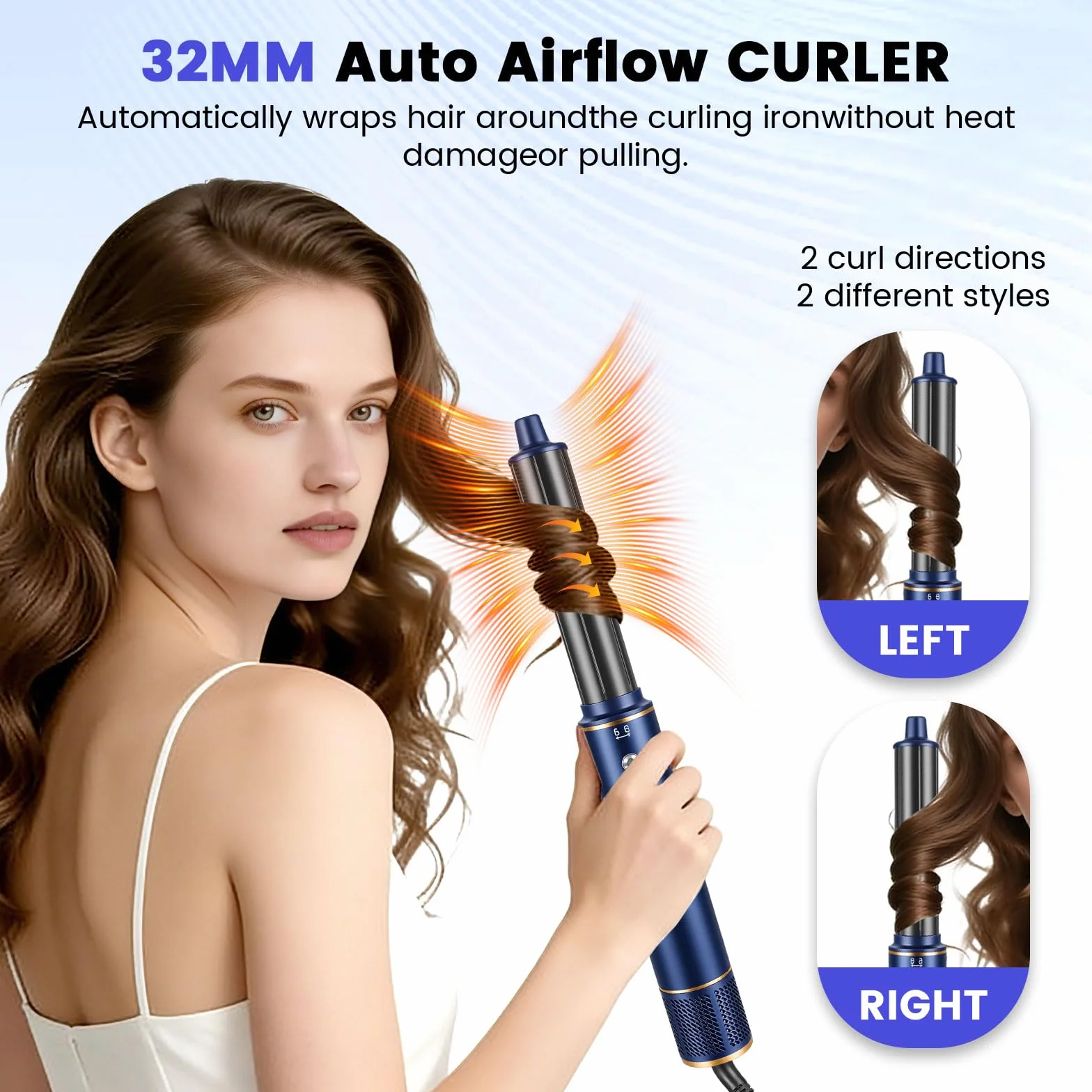 Air Brush 5 en 1 Hair Styler 1400W Seche Cheveux Brosse Lissante Fer a Boucler Bleu