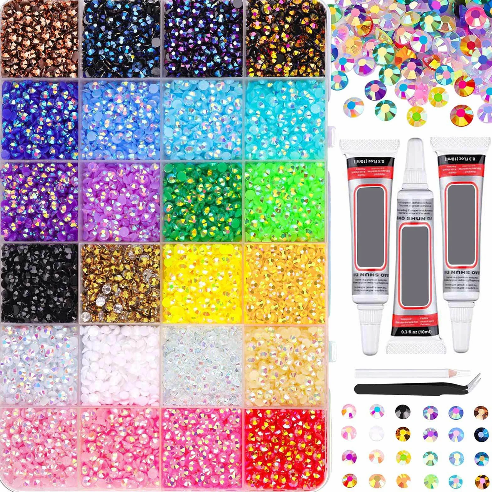 Lot de 20 000 pierres à paillettes, 24 couleurs, avec colle, pour ongles, travaux manuels et décoration DIY