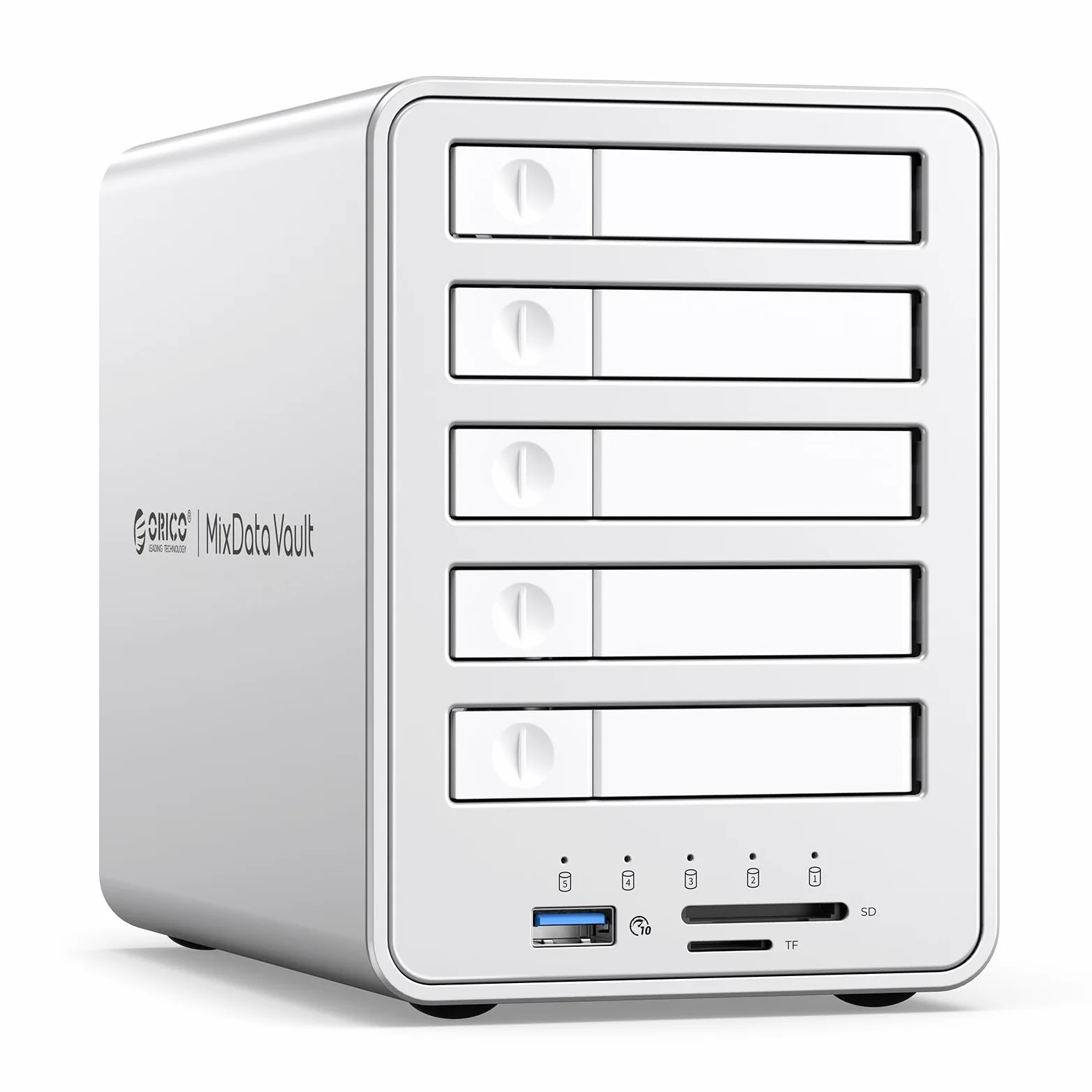 ORICO All-Flash Boîtier pour Disque Dur Raid 5 Baies Compatible 2.5 SATA HDD/SSD avec USB 3.2 Gen 2 10 Gbps, Extension Daisy Chain et 7 Modes Raid, Prise en Charge SATA SSD/HDD-2,5" 7 mm/9,5-8858RC3