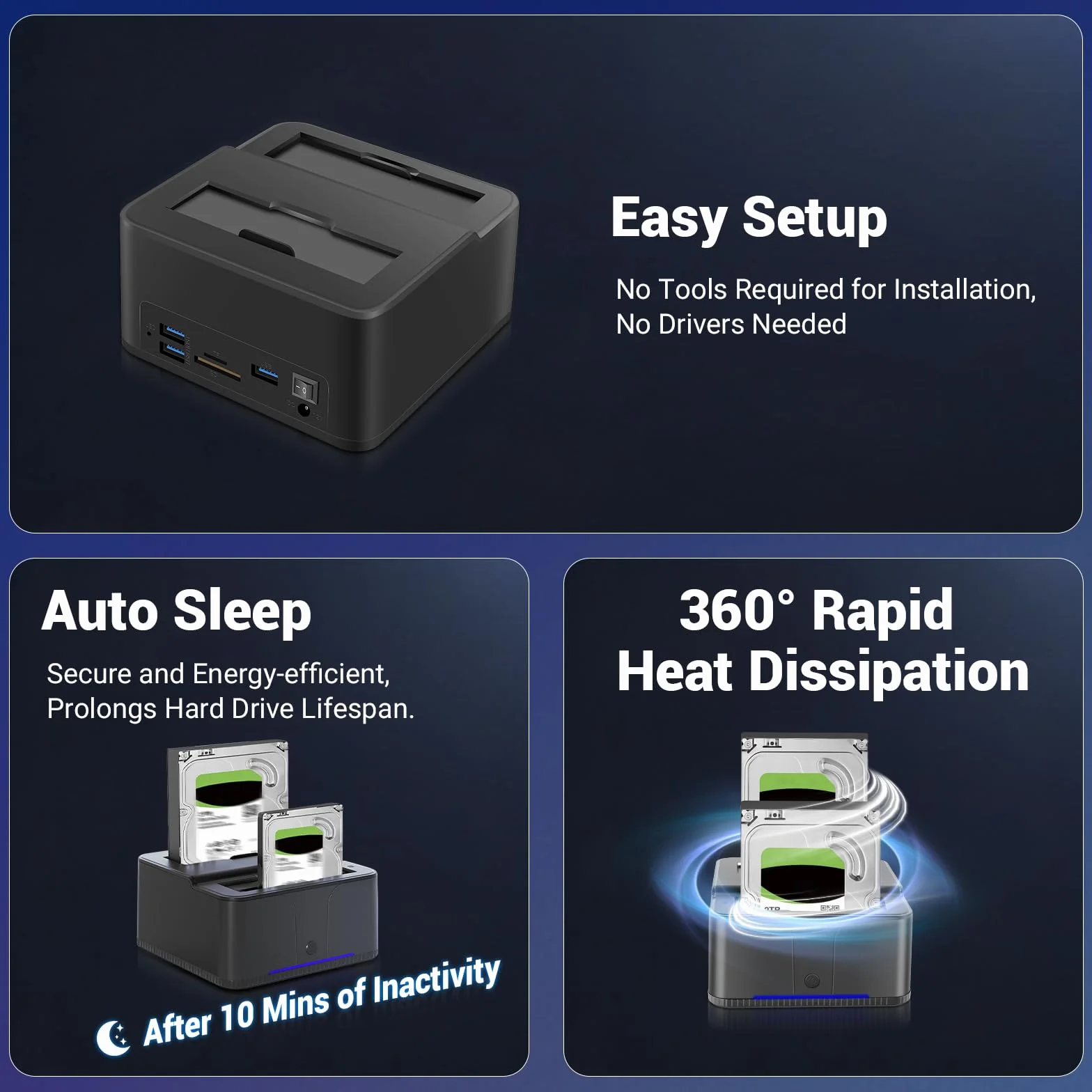 Station d'accueil pour Disque Dur USB 3.0, Double Baie 2.5/3.5 Pouces SATA HDD/SSD, 32 To avec Clone Hors Ligne