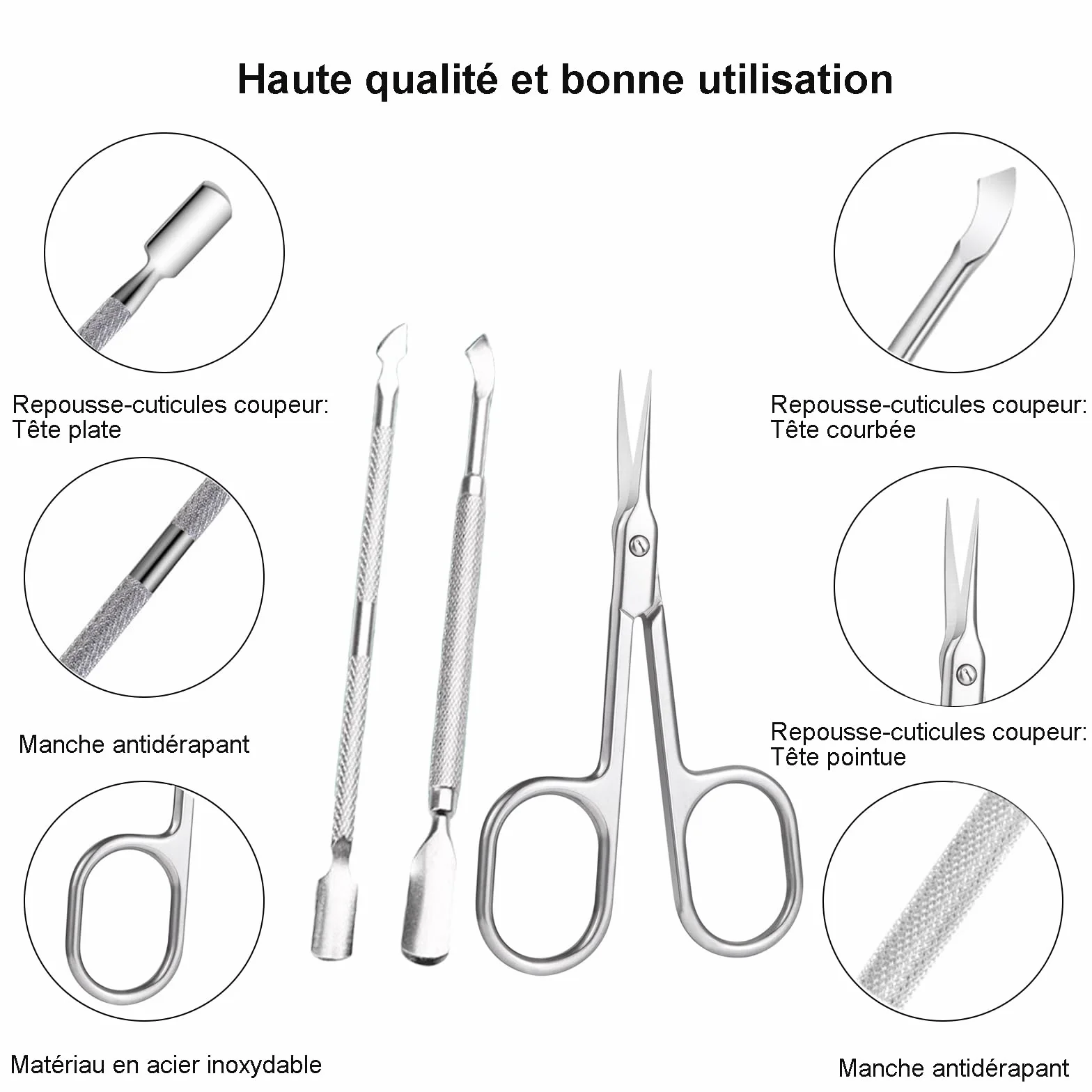 Profesjonalne Nożyczki do Skórek + Podwójny Popychacz do Skórek (3 Części) - Zestaw do Manicure/Pedicure ze Stali Nierdzewnej Antykorozyjnej (Srebrny)