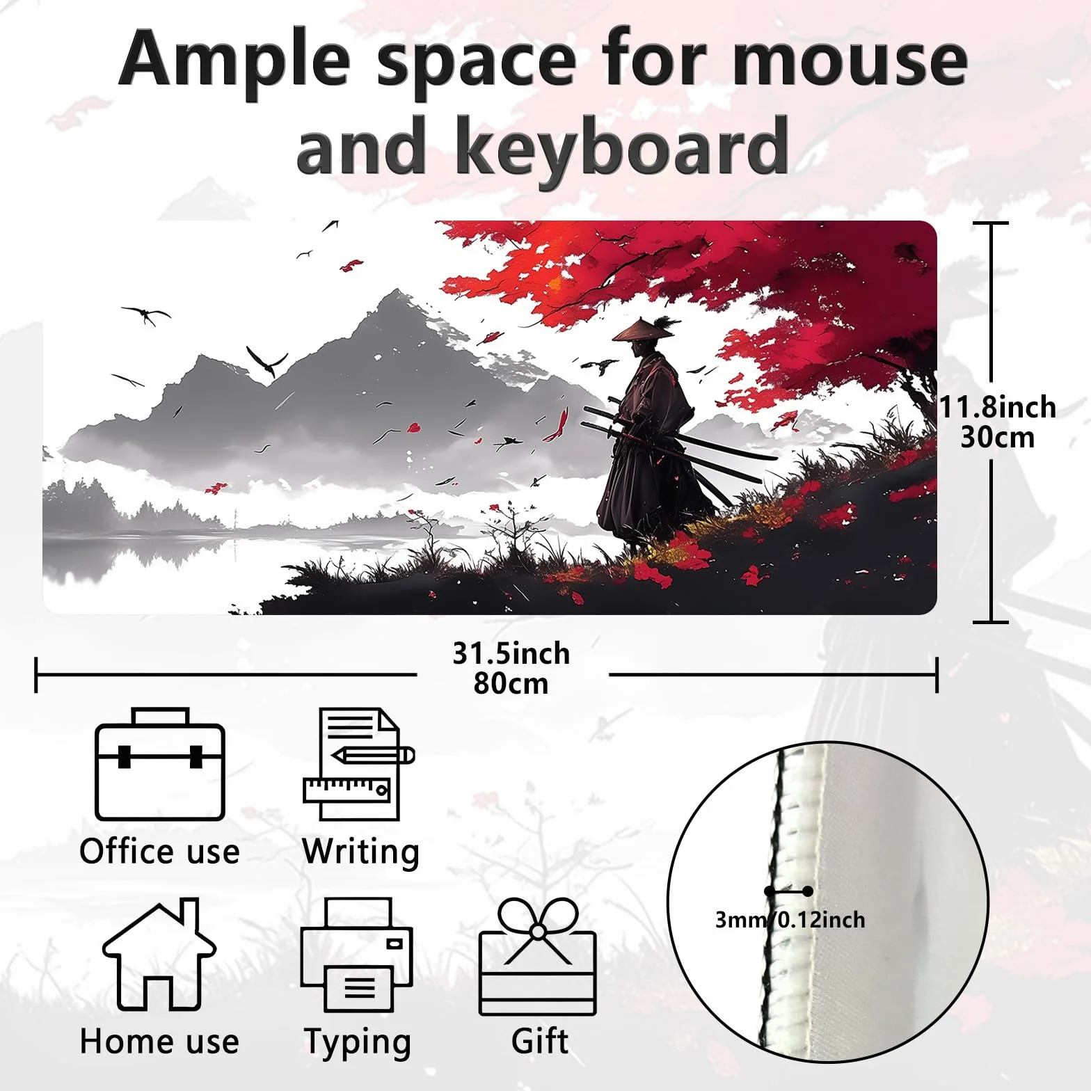 Tapis de Souris de Jeu Japonais XXL 800x300x3mm Antidérapant Imperméable Bords Cousus