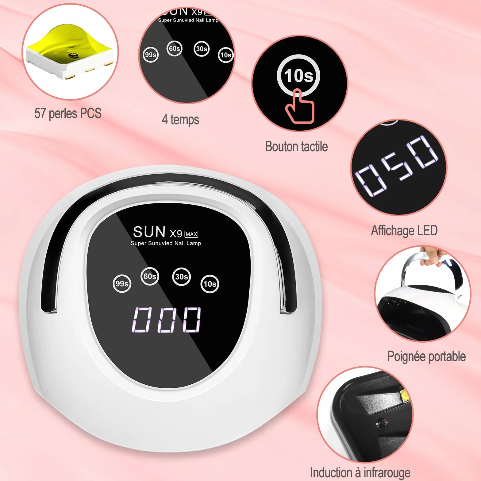 Lampe UV Ongles Gel 220W Professionnelle avec 4 Minuteries Écran Tactile Capteur Automatique Poignée Portable (Blanc)