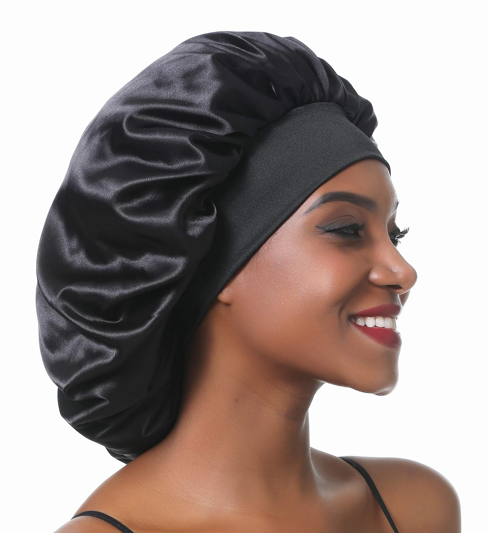 Bonnet de Nuit en Satin élastique à Large bande pour Femme Cheveux Longs Bouclés (L, Noir)