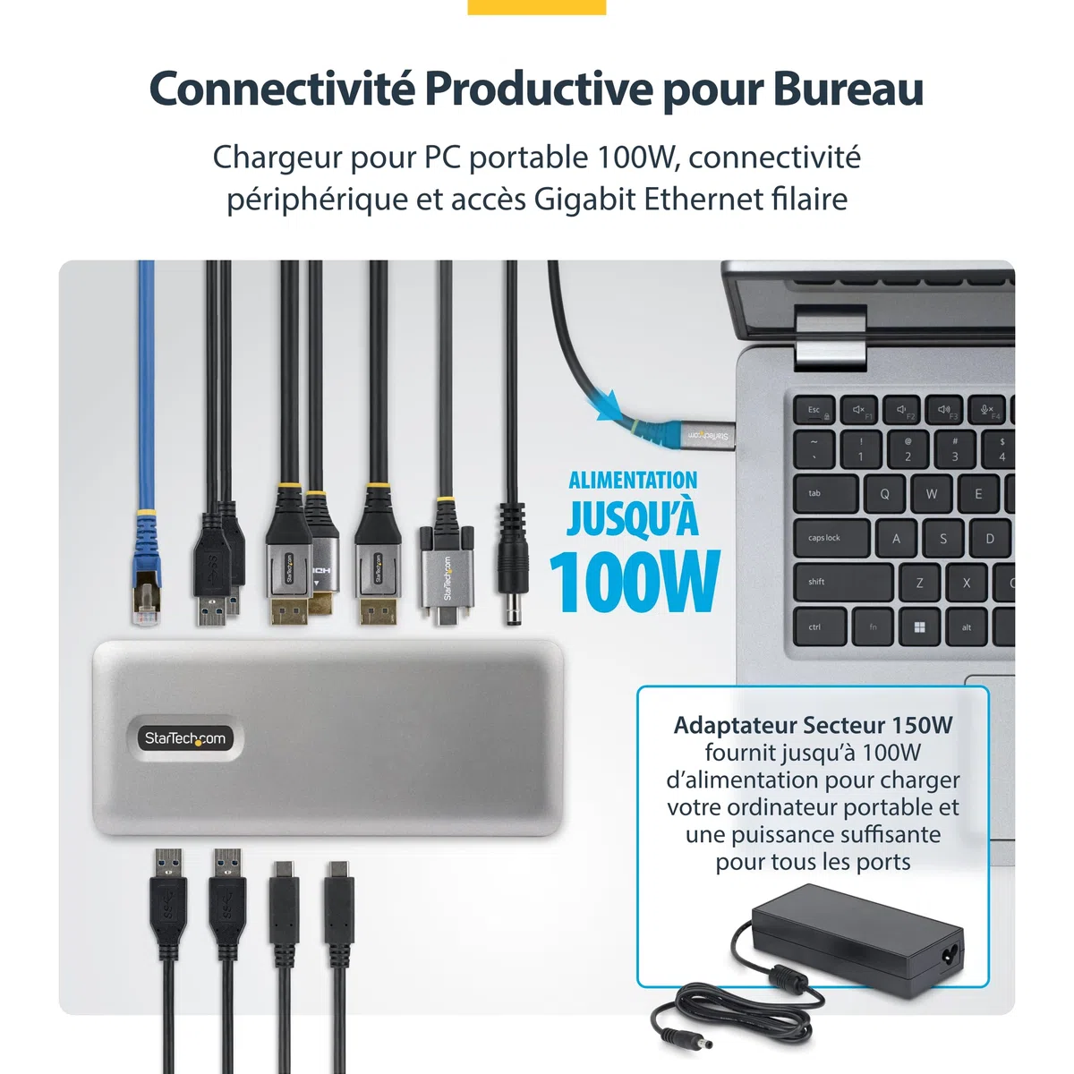 StarTech Dock USB-C Windows sans Pilote, Triple 4K, DP/HDMI, 100W, 6X USB