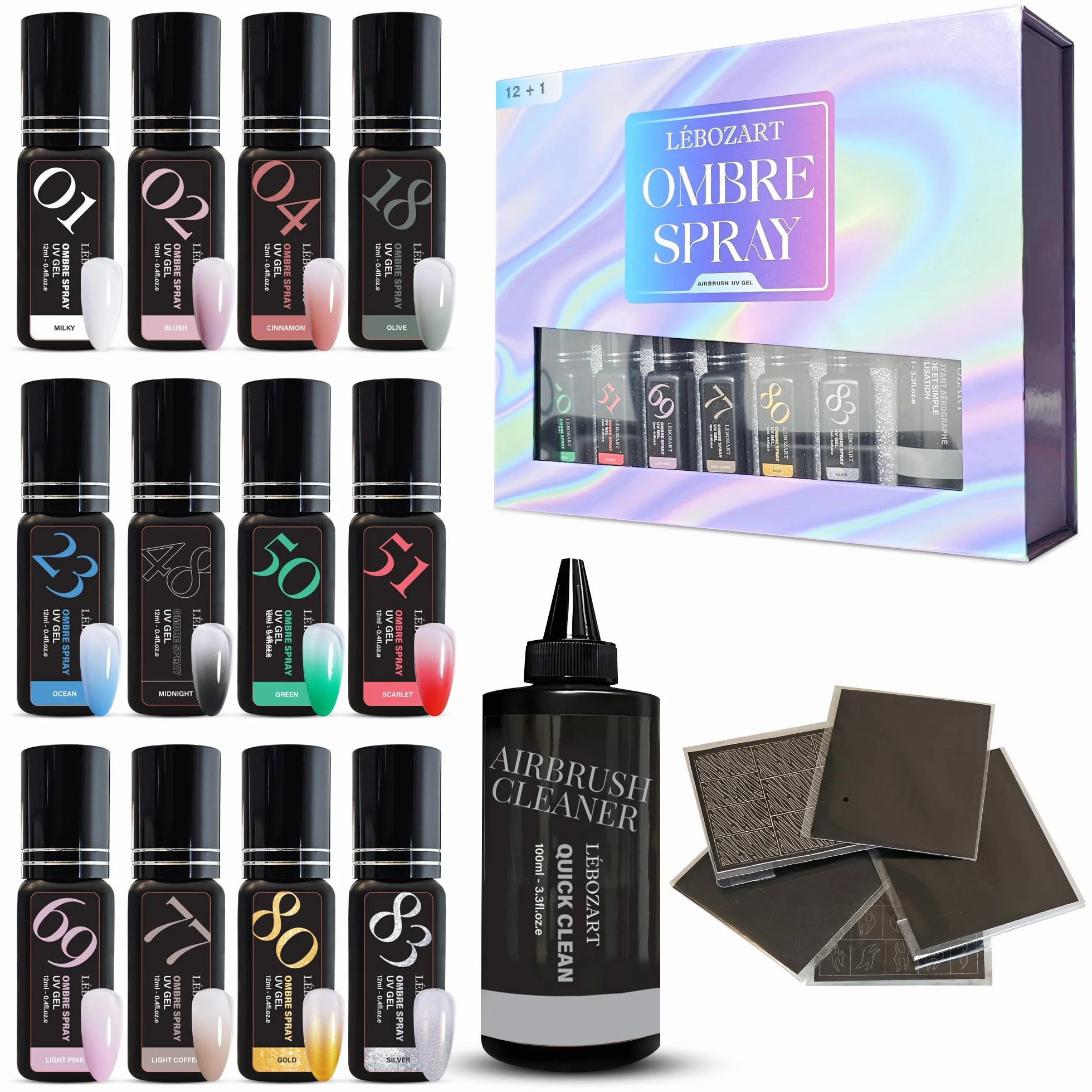 Kit 12 Vernis Semi-Permanent Gel UV Airbrush Ongle – Nail Art – Séchage Rapide Lampe UV/LED – Haute Pigmentation – Manucure Ongles – Nettoyant aérographe – Pochoir