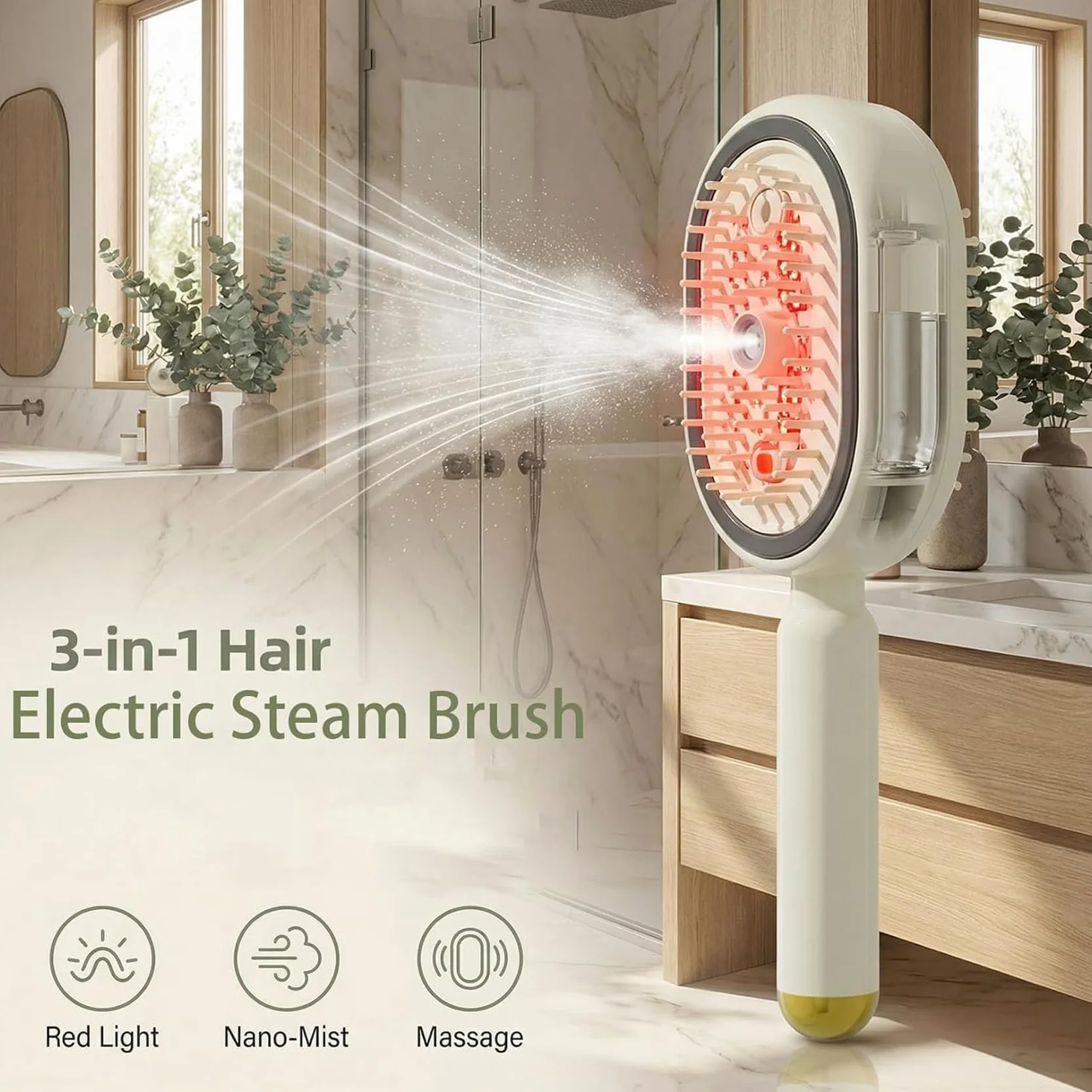 Brosse à vapeur électrique rechargeable avec spray, lisseur anti-frisottis pour femmes (Rose)